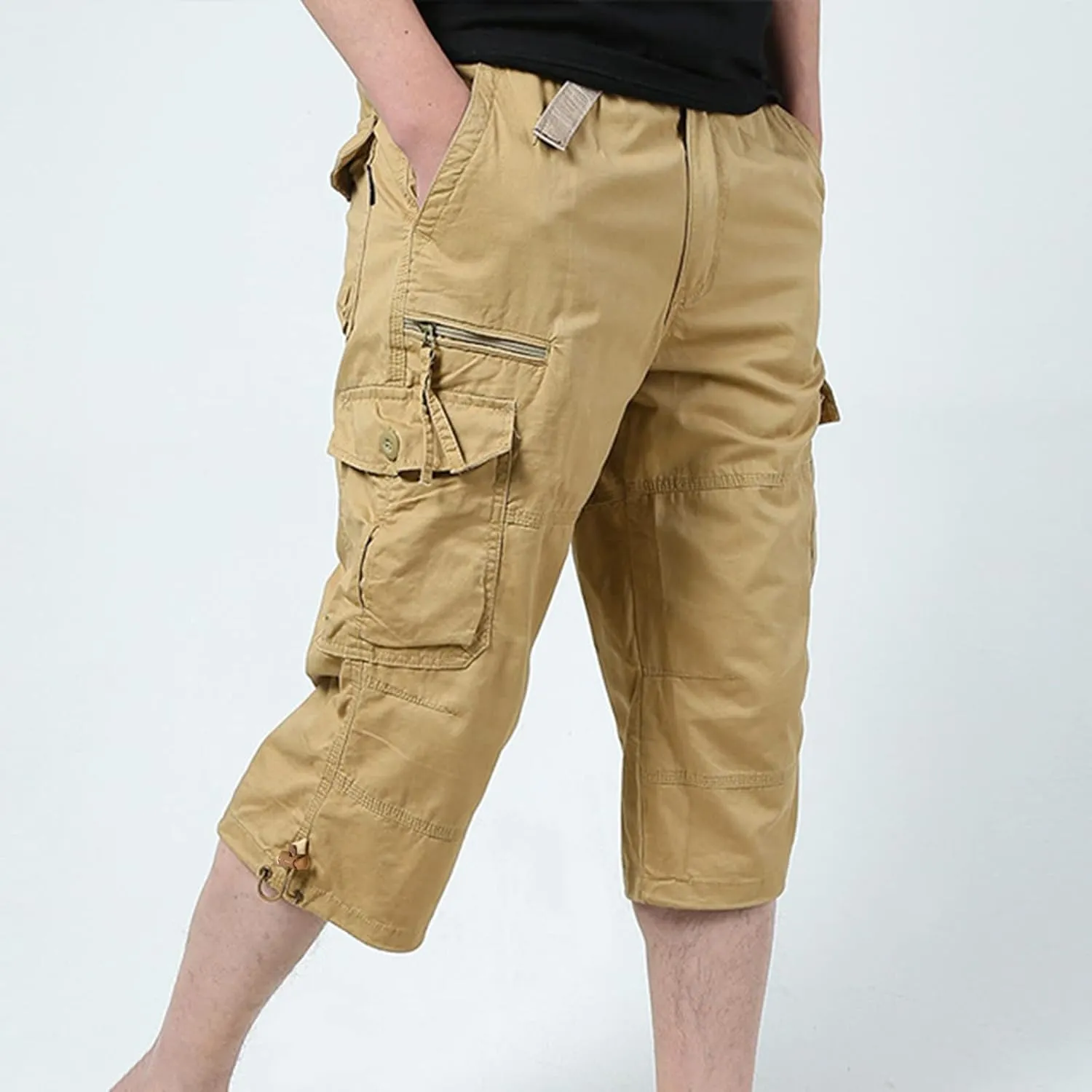 Men's Shorts Casual Cargo Shorts Zipper Large Pocket Belted Dressy Retro Belted Elasticated Business Summer Beach