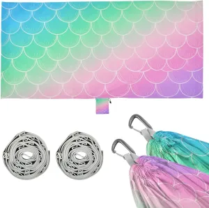 Mermaid Scale Rainbow Pink Purple Outdoor Hammocks with Tree Straps Swing Hammock for Outside Beach Patio Garden