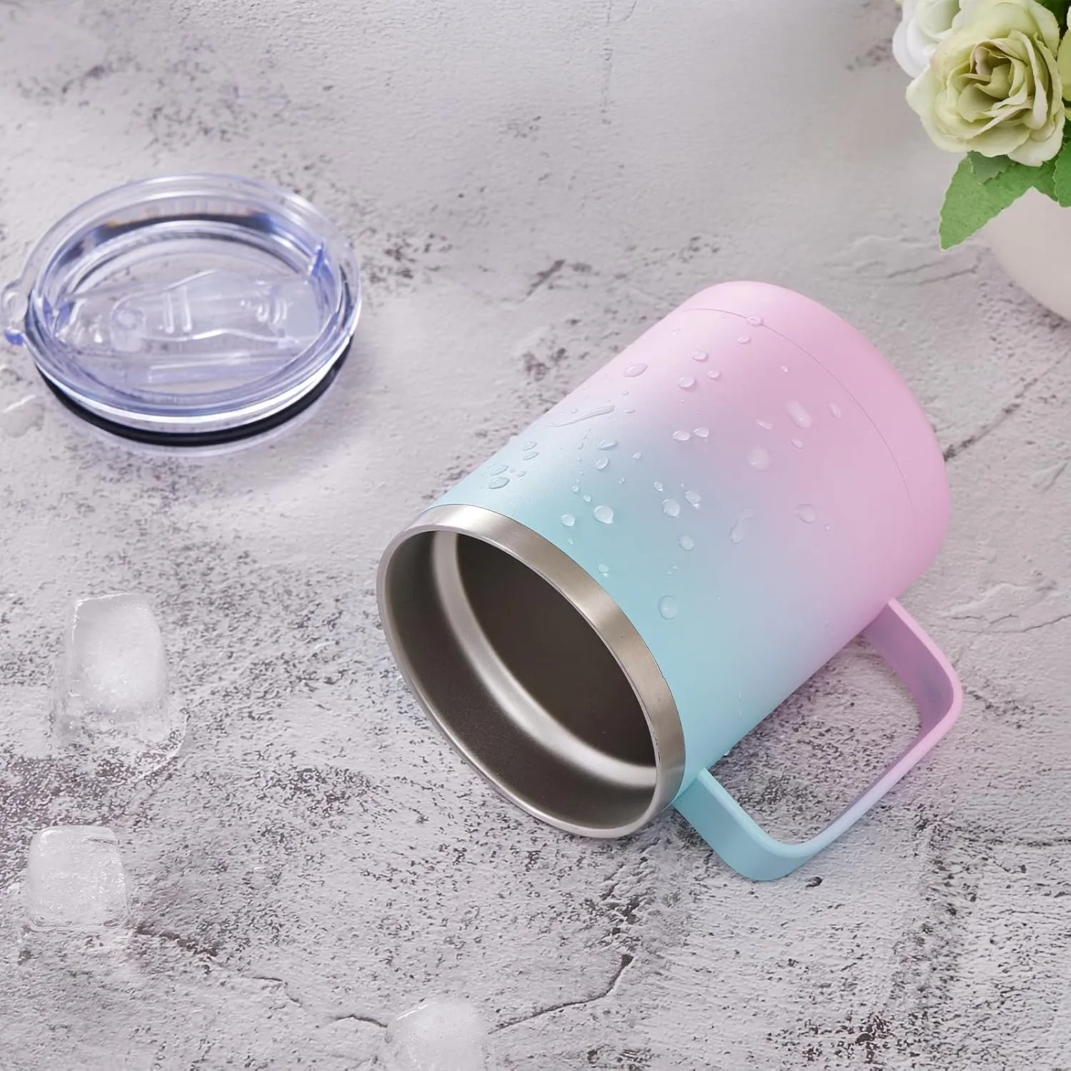 MEWAY 12oz Coffee Mug With Handle 2 Pack Bulk,Stainless Steel Insulated Travel Tumblers With Sliding Lid,Double Wall Vacuum Camping Cup for Hot & Cold Drinks Tea (Bubble Gum&Blue Waves,Set of 2)