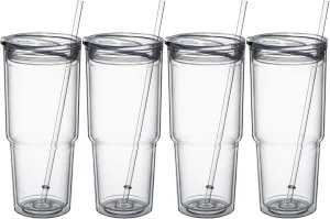 MEWAY 30oz/4 pcs Classic Insulated Tumblers,Double Wall Acrylic Tumbler with Lid，Reusable Plastic Insulated Tumblers with Straw，for cold drinks, sand ice, whatever you like(transparent,4 pack)