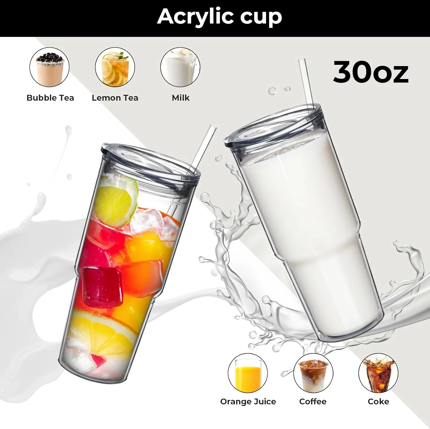 MEWAY 30oz/4 pcs Classic Insulated Tumblers,Double Wall Acrylic Tumbler with Lid，Reusable Plastic Insulated Tumblers with Straw，for cold drinks, sand ice, whatever you like(transparent,4 pack)