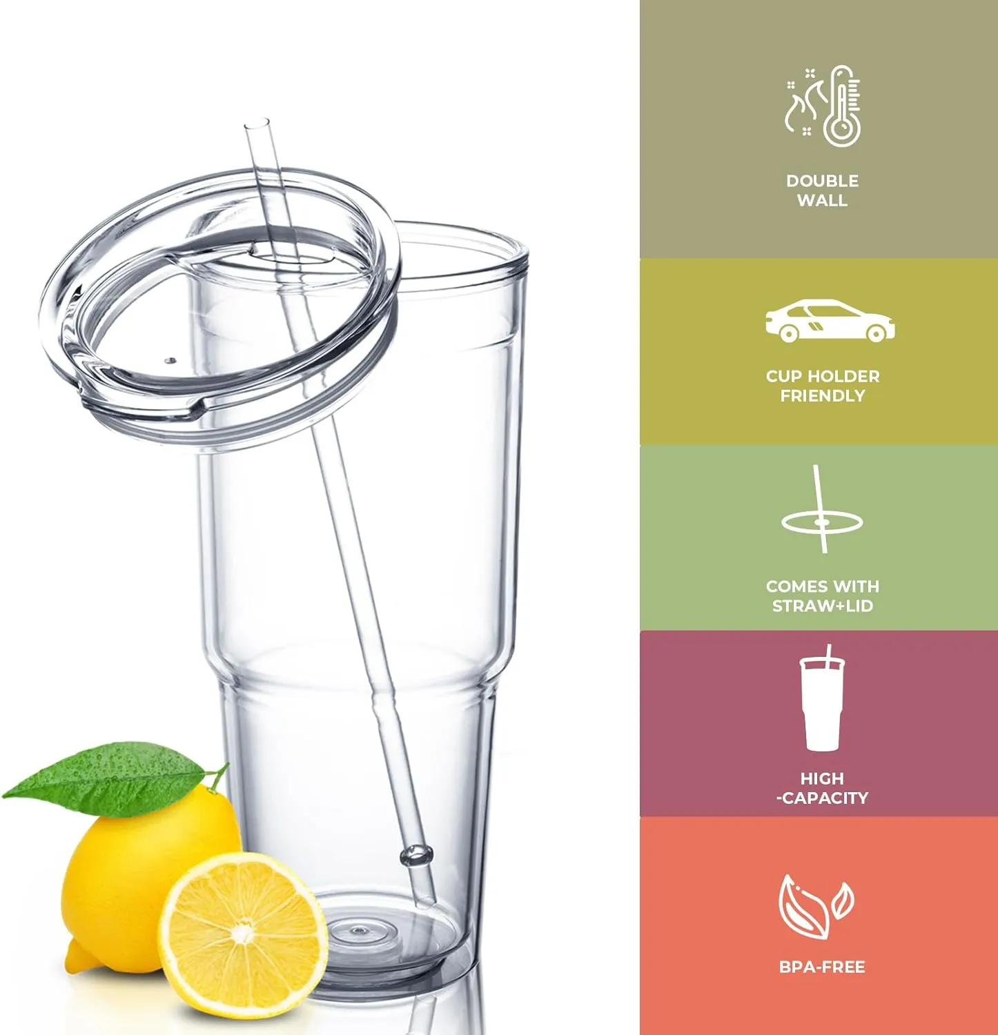 MEWAY 30oz/4 pcs Classic Insulated Tumblers,Double Wall Acrylic Tumbler with Lid，Reusable Plastic Insulated Tumblers with Straw，for cold drinks, sand ice, whatever you like(transparent,4 pack)