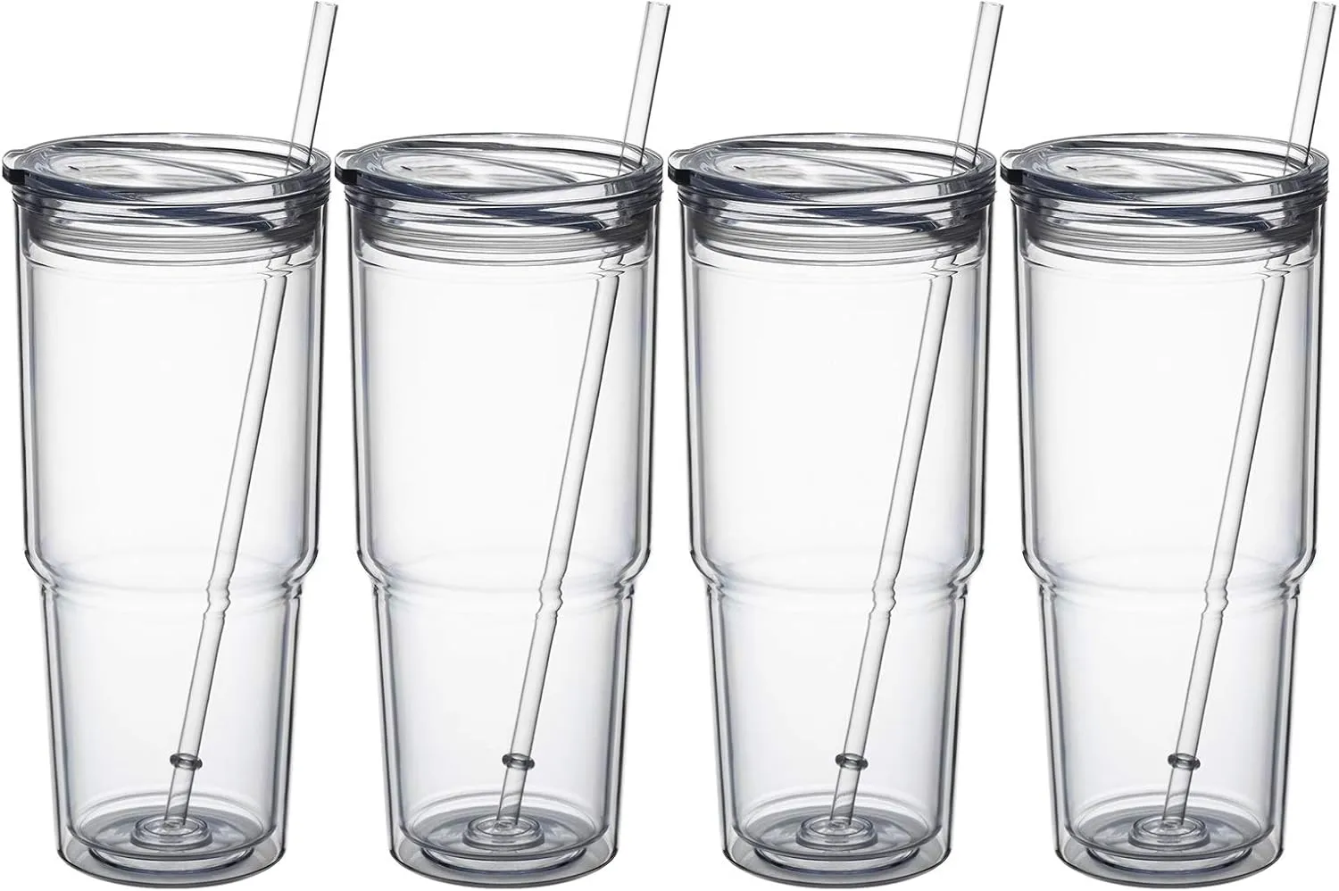 MEWAY 30oz/4 pcs Classic Insulated Tumblers,Double Wall Acrylic Tumbler with Lid，Reusable Plastic Insulated Tumblers with Straw，for cold drinks, sand ice, whatever you like(transparent,4 pack)