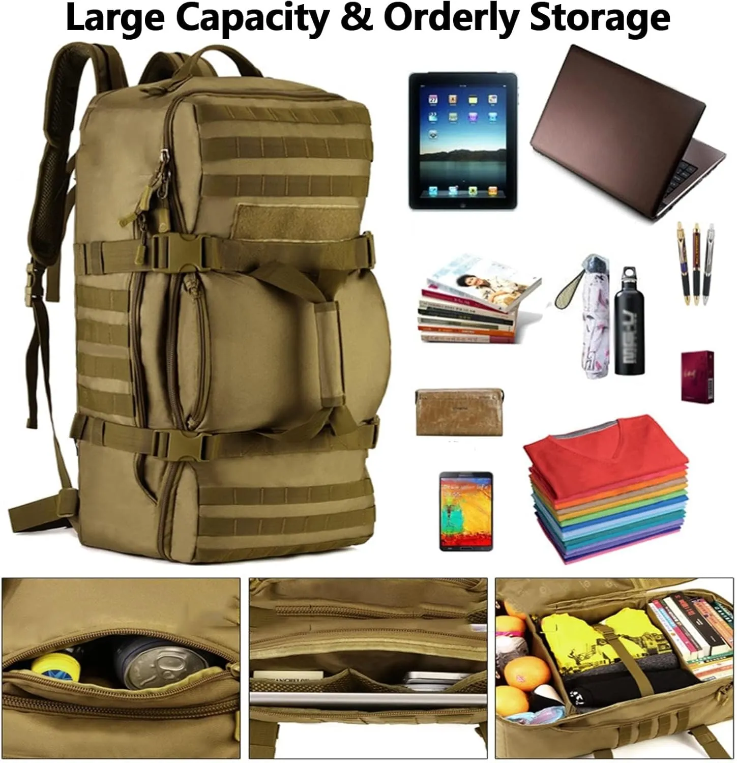 Military Tactical Backpack, 60L Extra Large Waterproof Outdoor Hiking Backpack, Men's Camping Backpack, Hiking Duffel Bag For Hunting Hiking Fishing Climbing Travel Deserts (Color : D)