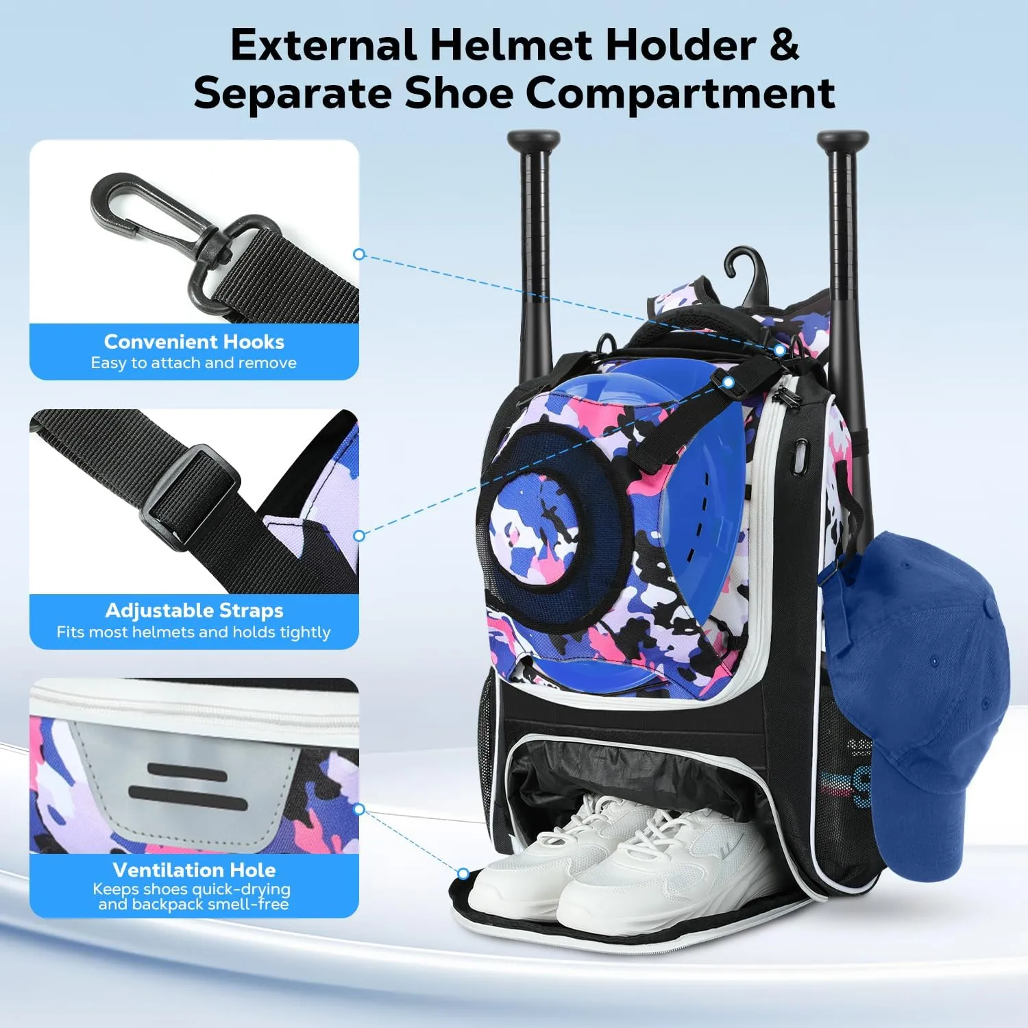 MoKo Baseball Bag, Softball Bag with External Helmet Holder & Fence Hook for T-Ball Bat Softball Equipment, Lightweight & Breathable Baseball Backpack with Shoe Compartment for Youth & Adult, Black