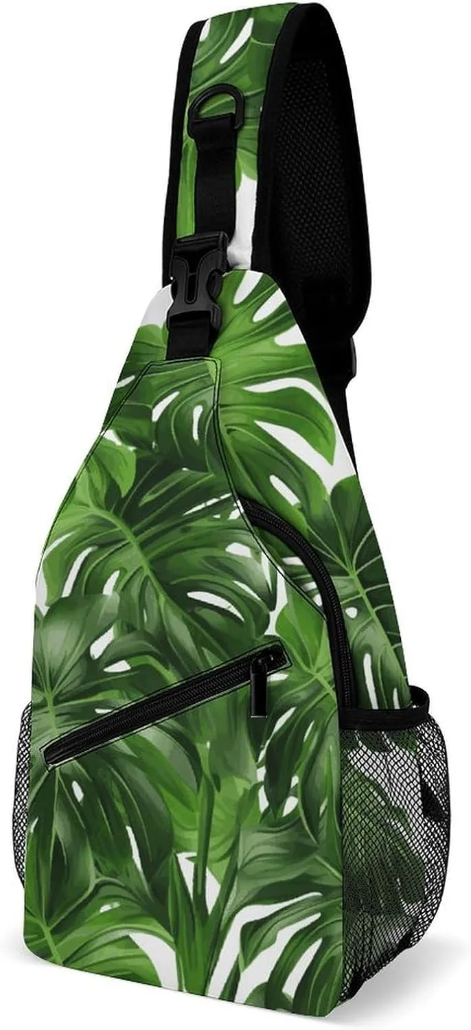 Monstera Deliciosa Banana Palm Sling Bag with Rfid Blocking Causal Mens Crossbody Bag Lightweight Chest Pack Large Man Purse Travel Crossbody Backpack Shoulder Sling Backpack for Hiking Running Cyclin