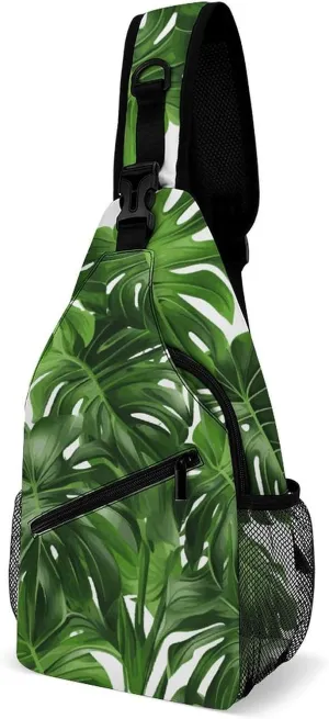 Monstera Deliciosa Banana Palm Sling Bag with Rfid Blocking Causal Mens Crossbody Bag Lightweight Chest Pack Large Man Purse Travel Crossbody Backpack Shoulder Sling Backpack for Hiking Running Cyclin