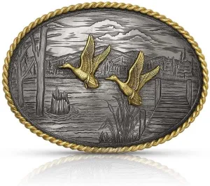 Montana Silversmiths On The Banks with Ducks Oval Rope Edge Western Belt Buckle