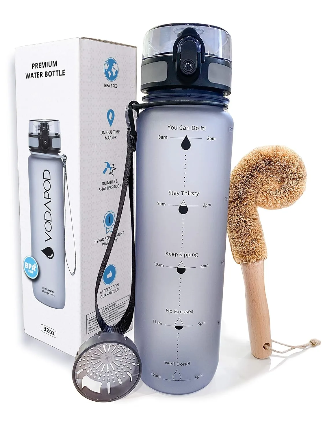 Motivational Water Bottle with Time Marker | 32oz Daily Water Intake Bottle | Gym Sports Water Bottle | Fruit Infuser Screen | 1 Liter BPA-Free Durable Leakproof with Eco-Friendly Brush