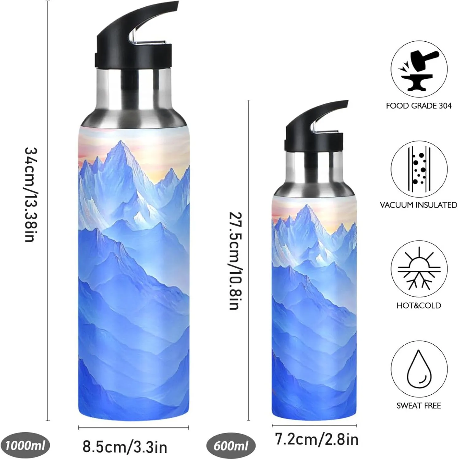 Mountain Blue Print Sports Bottle with Straw and Carry Loop for Gym, Camping, Workout, and Outdoors，Insulated Water Bottle Jug for All Day Hydration