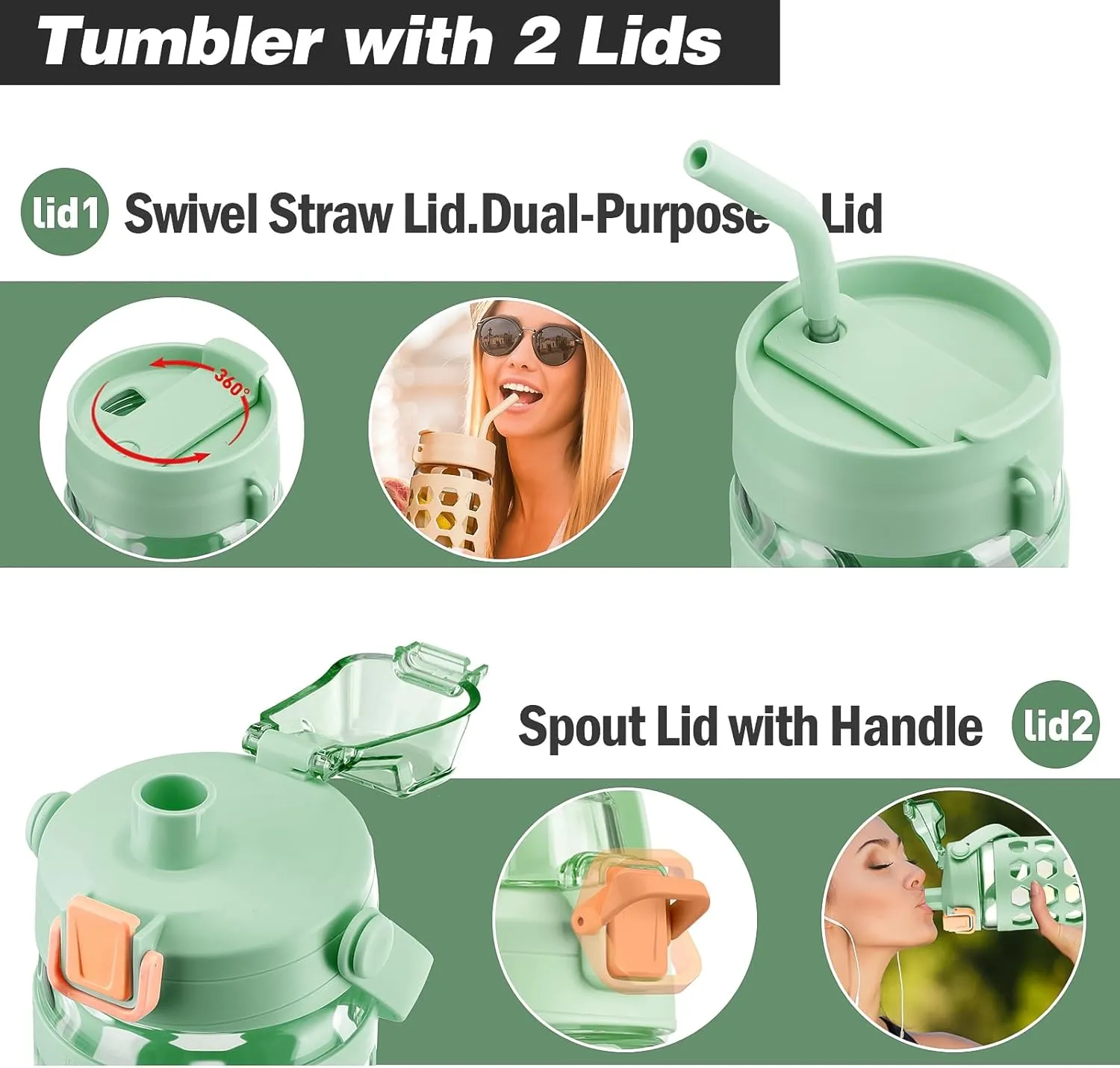 MUKOKO 32 oz Glass Tumbler with Straw,Glass Water Bottles with Time Marker,Iced Coffee Cup with 2 Lids-Handle Spout Lid&Straw Lid,Silicone Sleeve,Leakproof,1 Pack-Green