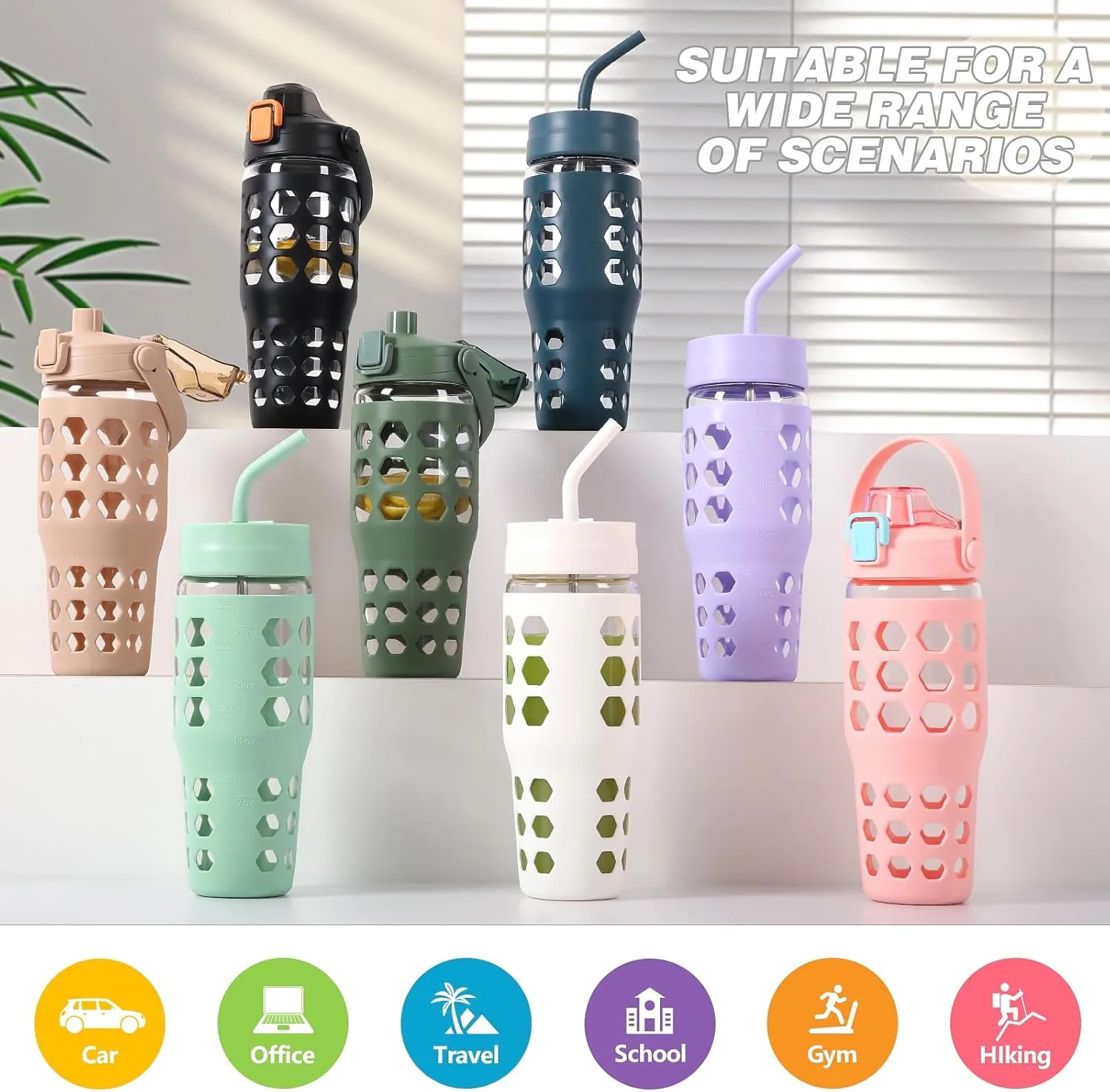 MUKOKO 32 oz Glass Tumbler with Straw,Glass Water Bottles with Time Marker,Iced Coffee Cup with 2 Lids-Handle Spout Lid&Straw Lid,Silicone Sleeve,Leakproof,1 Pack-Green