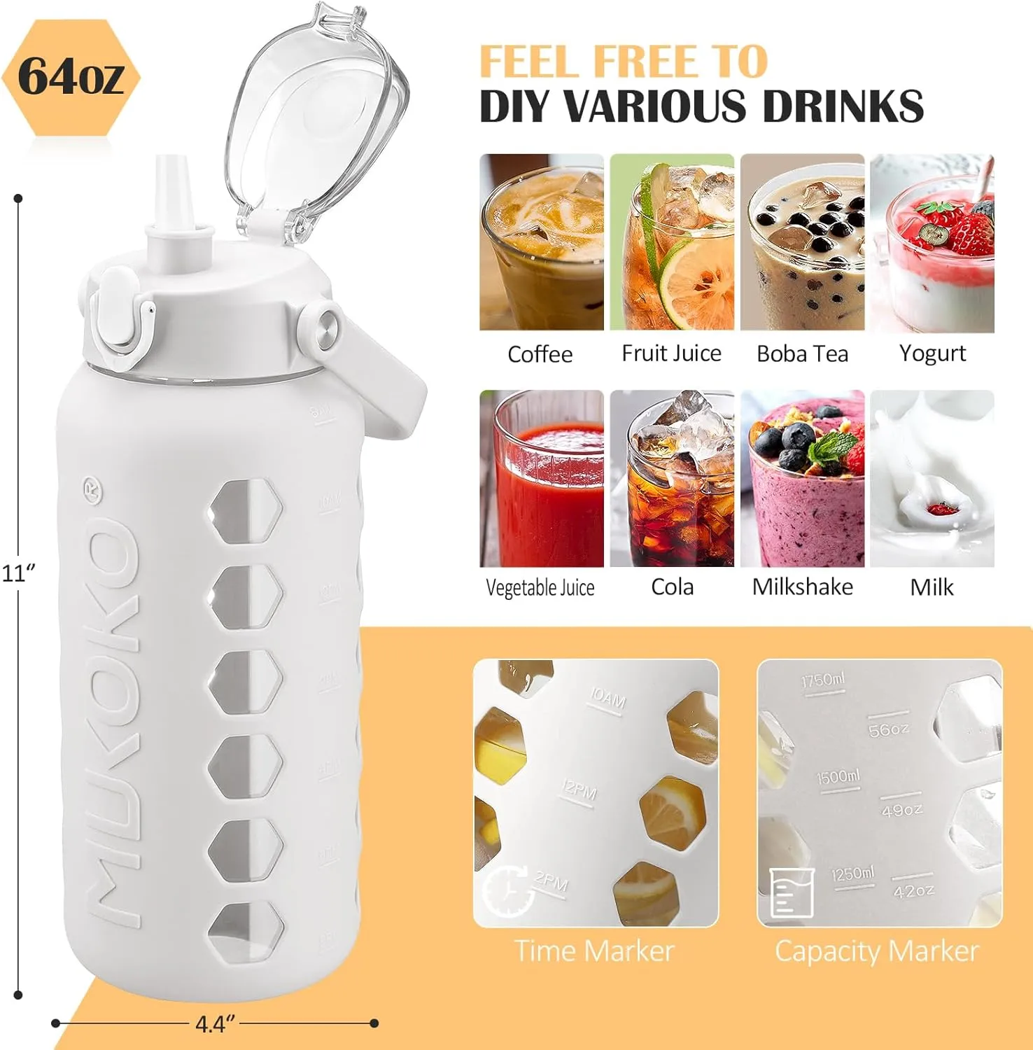 MUKOKO Glass Water Bottles 64oz with 2 Lids, Half Gallon Drinking Bottle with Straws and Measurements, 2L Sports Drink Jug with Silicone Sleeve, Leakproof, White