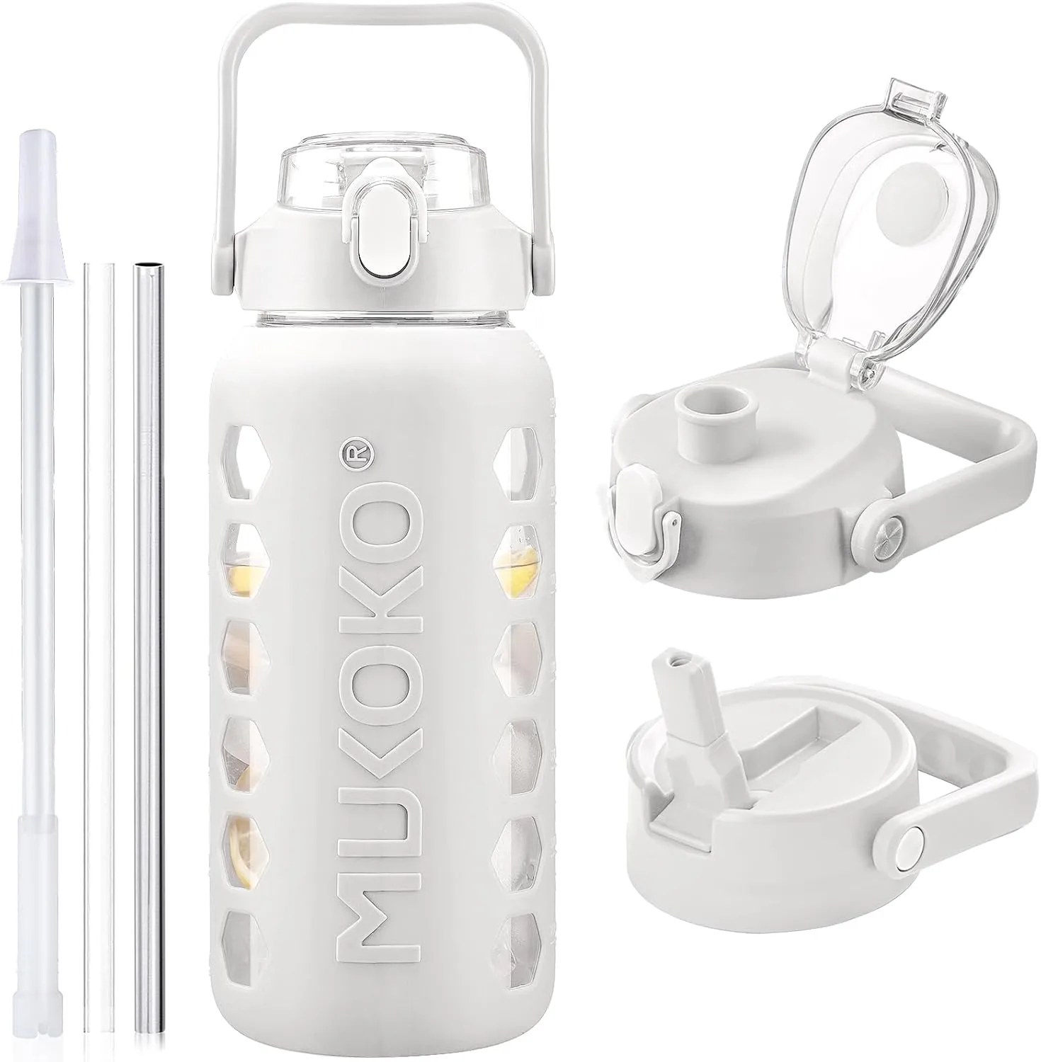 MUKOKO Glass Water Bottles 64oz with 2 Lids, Half Gallon Drinking Bottle with Straws and Measurements, 2L Sports Drink Jug with Silicone Sleeve, Leakproof, White