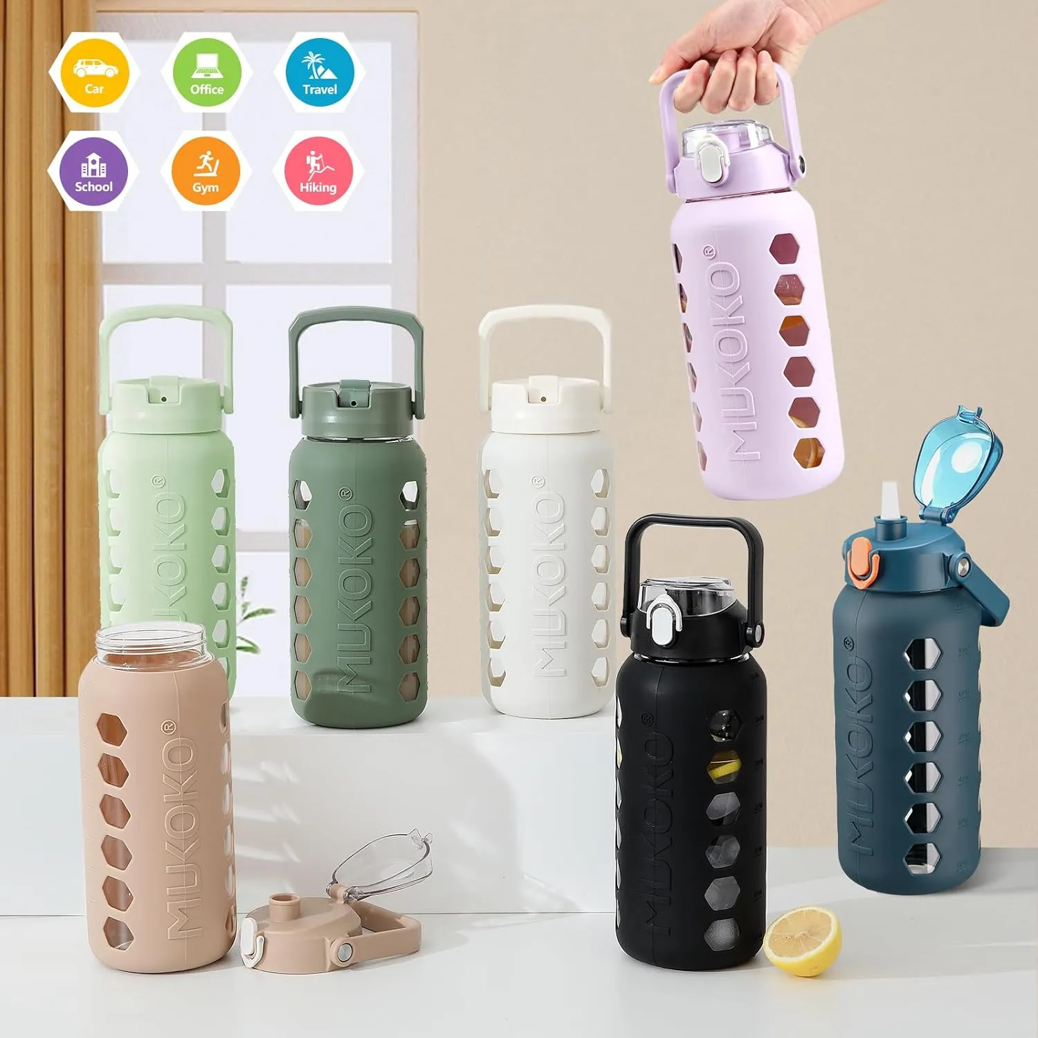 MUKOKO Glass Water Bottles 64oz with 2 Lids, Half Gallon Drinking Bottle with Straws and Measurements, 2L Sports Drink Jug with Silicone Sleeve, Leakproof, White