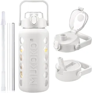 MUKOKO Glass Water Bottles 64oz with 2 Lids, Half Gallon Drinking Bottle with Straws and Measurements, 2L Sports Drink Jug with Silicone Sleeve, Leakproof, White
