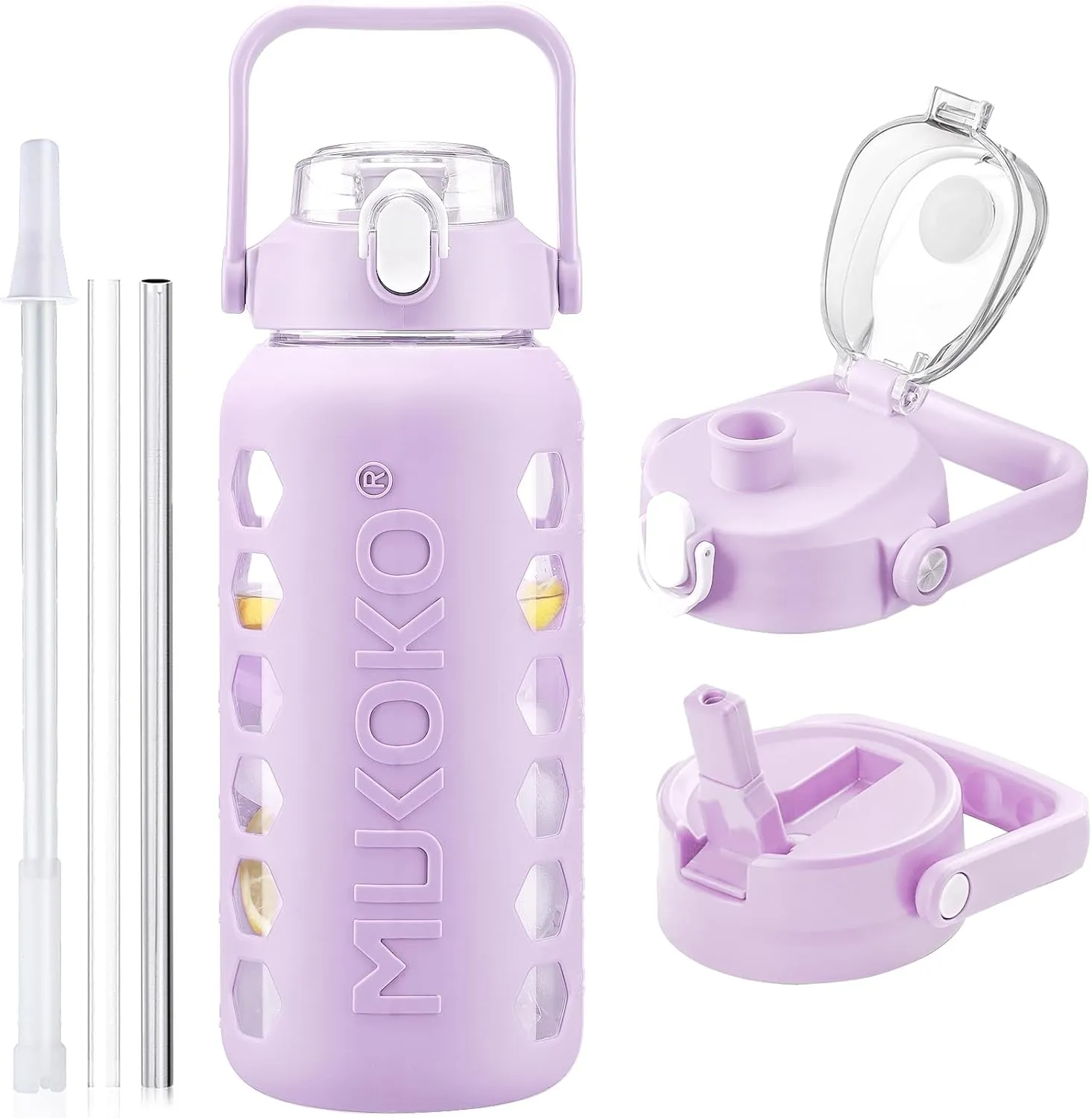 MUKOKO Glass Water Bottles 64oz with 2 Lids, Half Gallon Water Bottle with Straws and Measurements, 2L Sports Water Jug with Silicone Sleeve, Leakproof, Purple