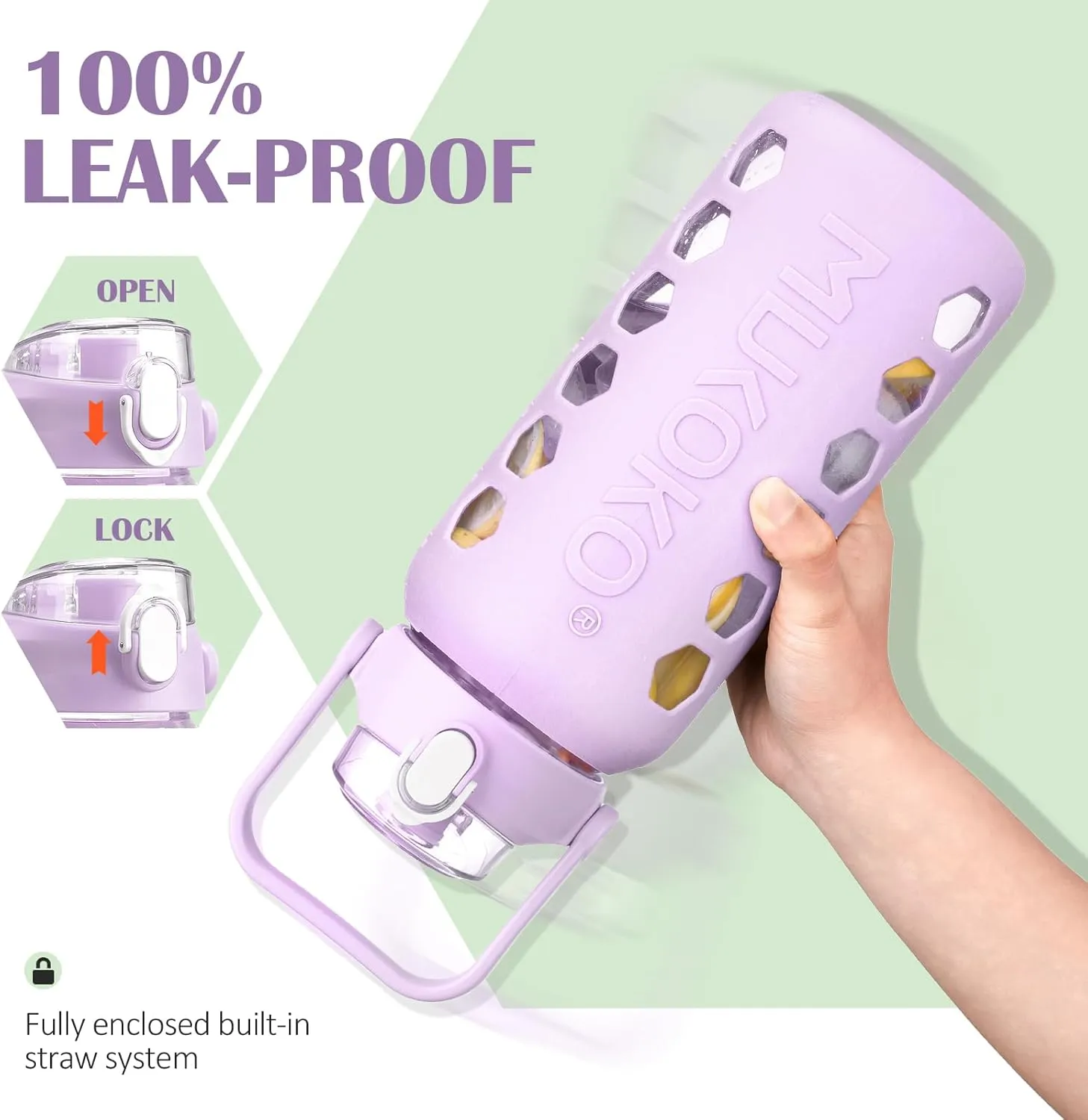 MUKOKO Glass Water Bottles 64oz with 2 Lids, Half Gallon Water Bottle with Straws and Measurements, 2L Sports Water Jug with Silicone Sleeve, Leakproof, Purple