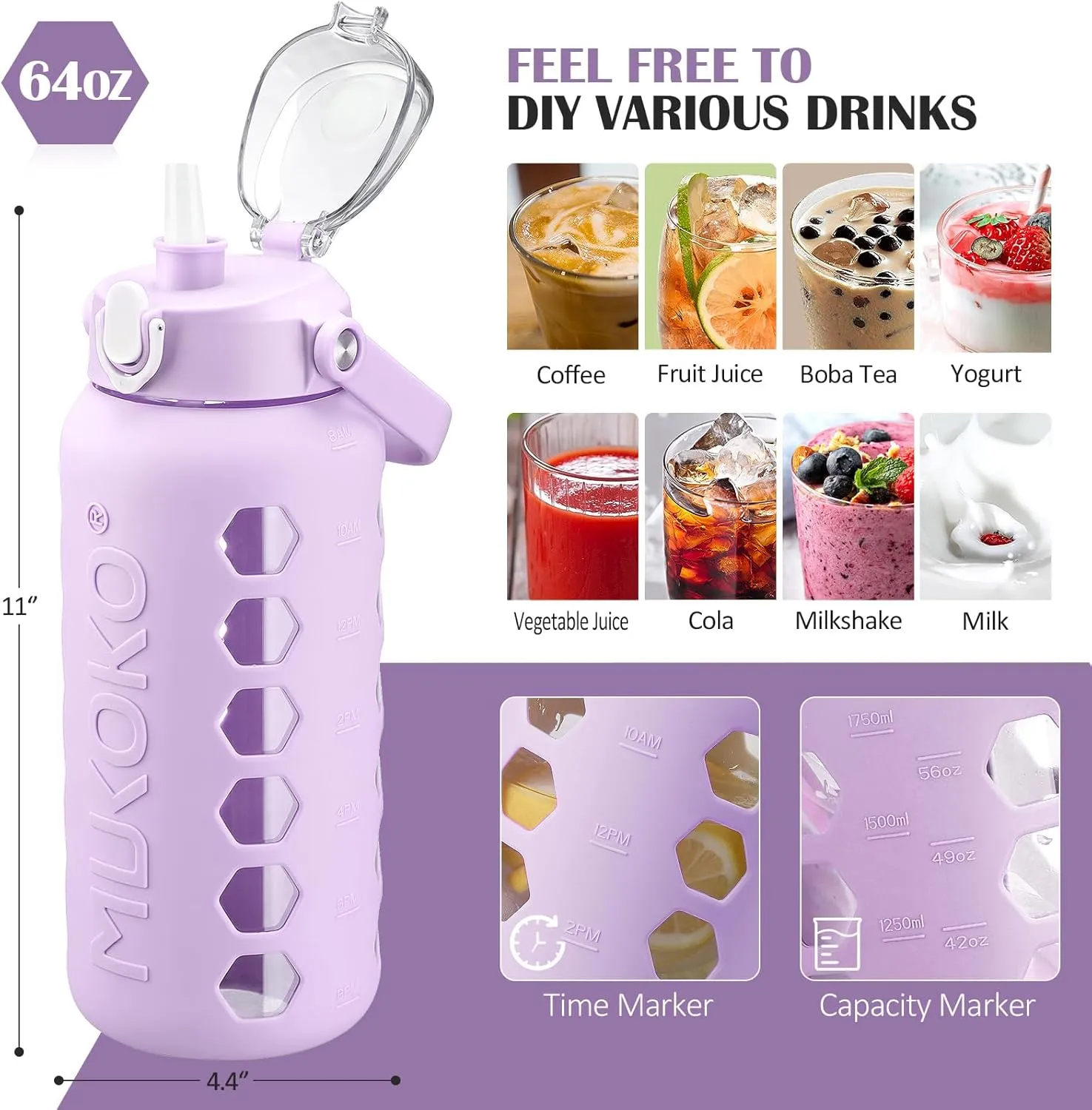 MUKOKO Glass Water Bottles 64oz with 2 Lids, Half Gallon Water Bottle with Straws and Measurements, 2L Sports Water Jug with Silicone Sleeve, Leakproof, Purple