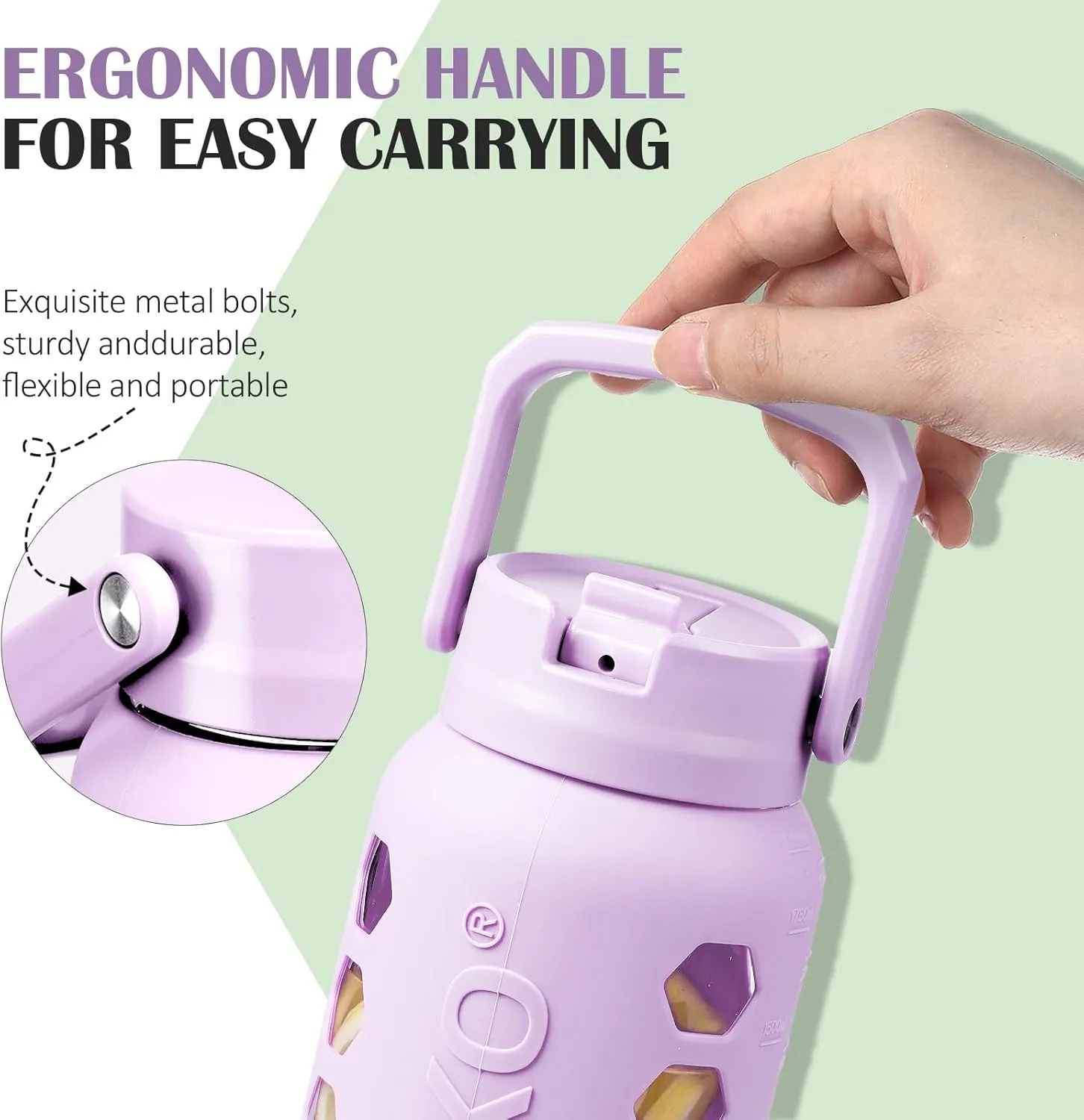 MUKOKO Glass Water Bottles 64oz with 2 Lids, Half Gallon Water Bottle with Straws and Measurements, 2L Sports Water Jug with Silicone Sleeve, Leakproof, Purple