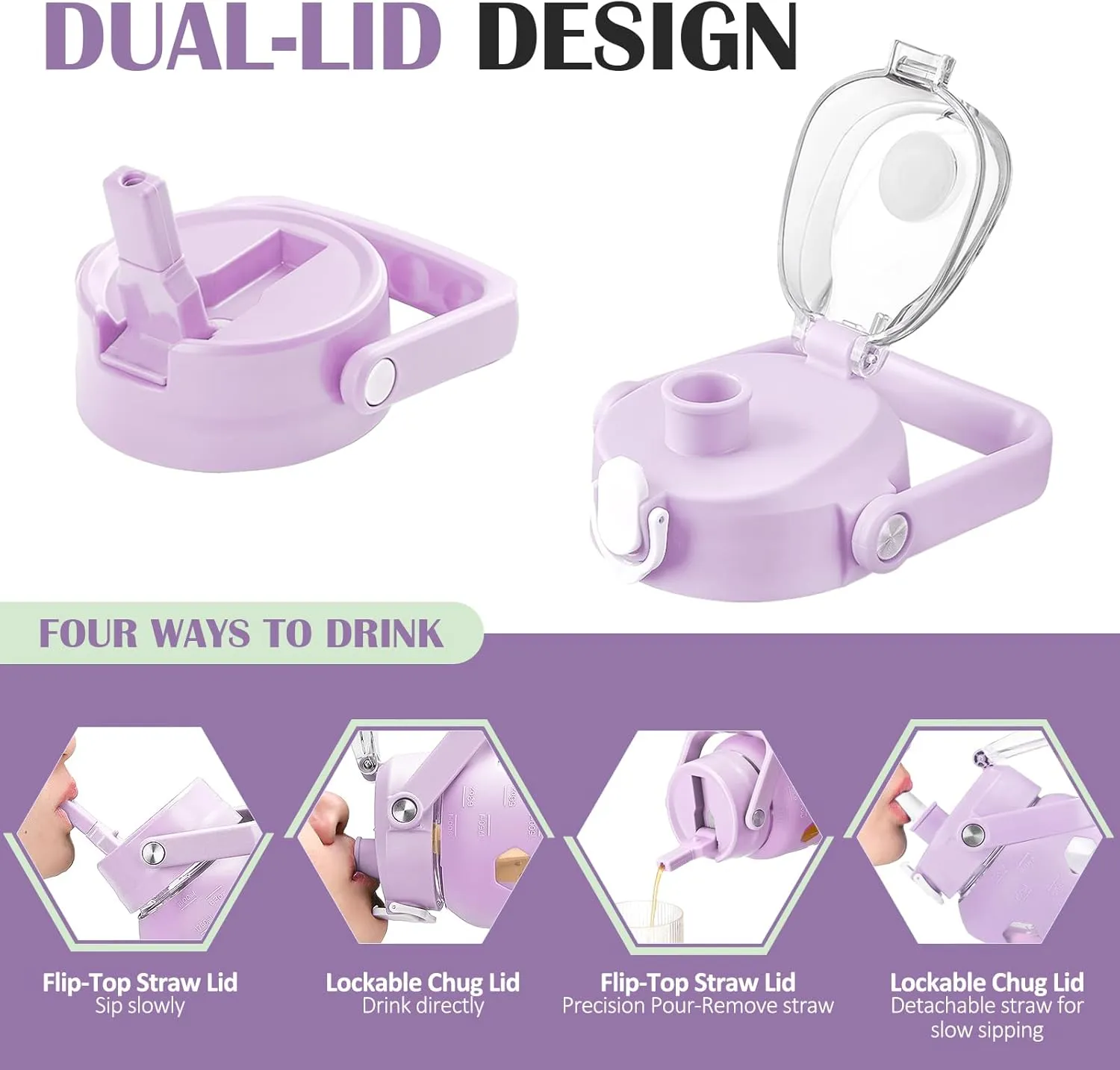 MUKOKO Glass Water Bottles 64oz with 2 Lids, Half Gallon Water Bottle with Straws and Measurements, 2L Sports Water Jug with Silicone Sleeve, Leakproof, Purple