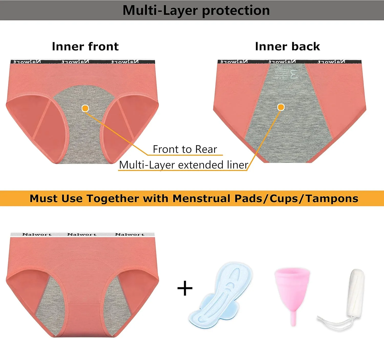 Nalwort Teen Girls Period Underwear Menstrual Period Panties Leak-Proof Cotton Protective Briefs Pack of 6