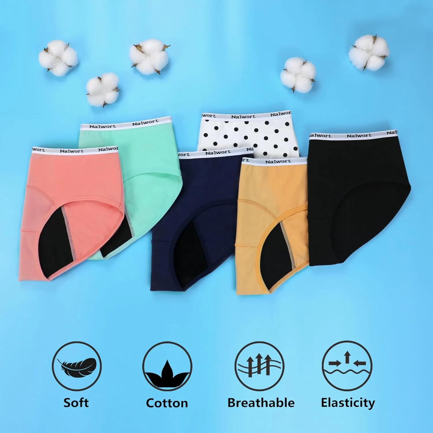 Nalwort Teen Girls Period Underwear Menstrual Period Panties Leak-Proof Cotton Protective Briefs Pack of 6