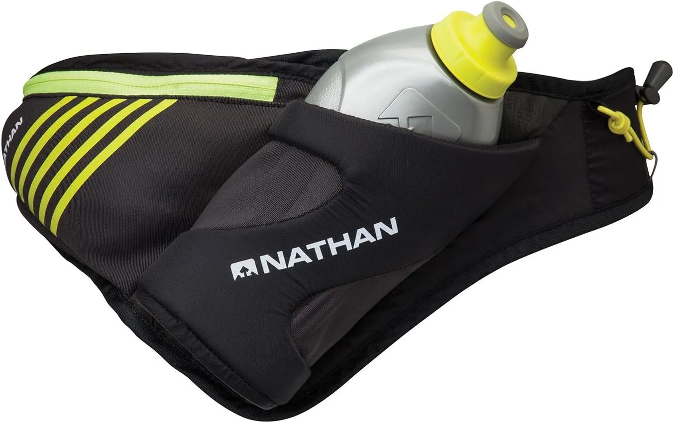 Nathan Peak Running Hydration Waist Pack Belt w/ Speed Draw Flask Water Bottle, 18oz/535 ml Push/Pull Race Cap, Expandable Zippered Stretch Pocket