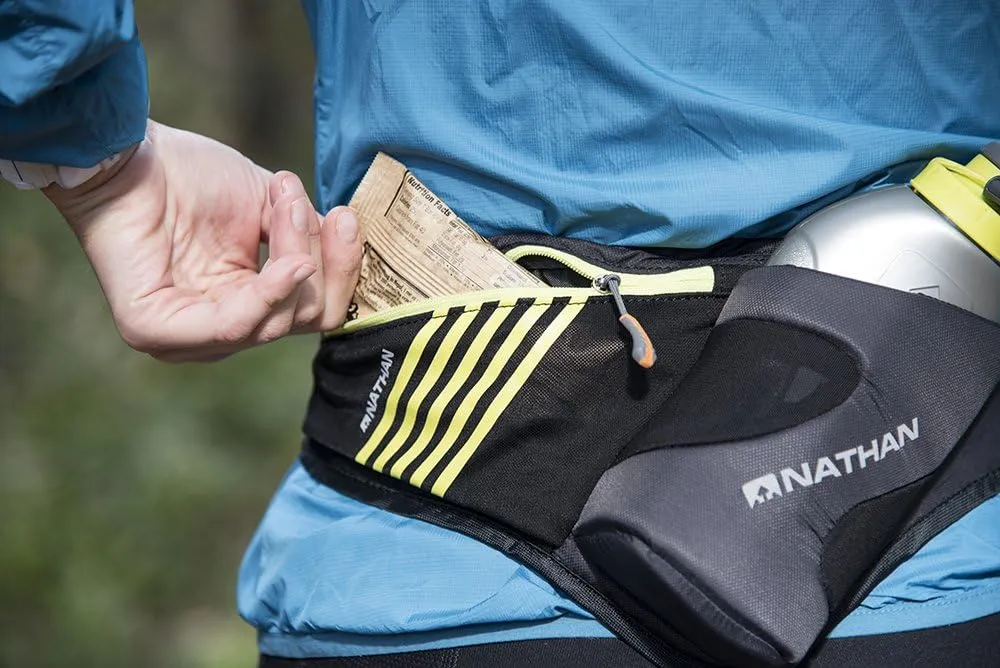 Nathan Peak Running Hydration Waist Pack Belt w/ Speed Draw Flask Water Bottle, 18oz/535 ml Push/Pull Race Cap, Expandable Zippered Stretch Pocket