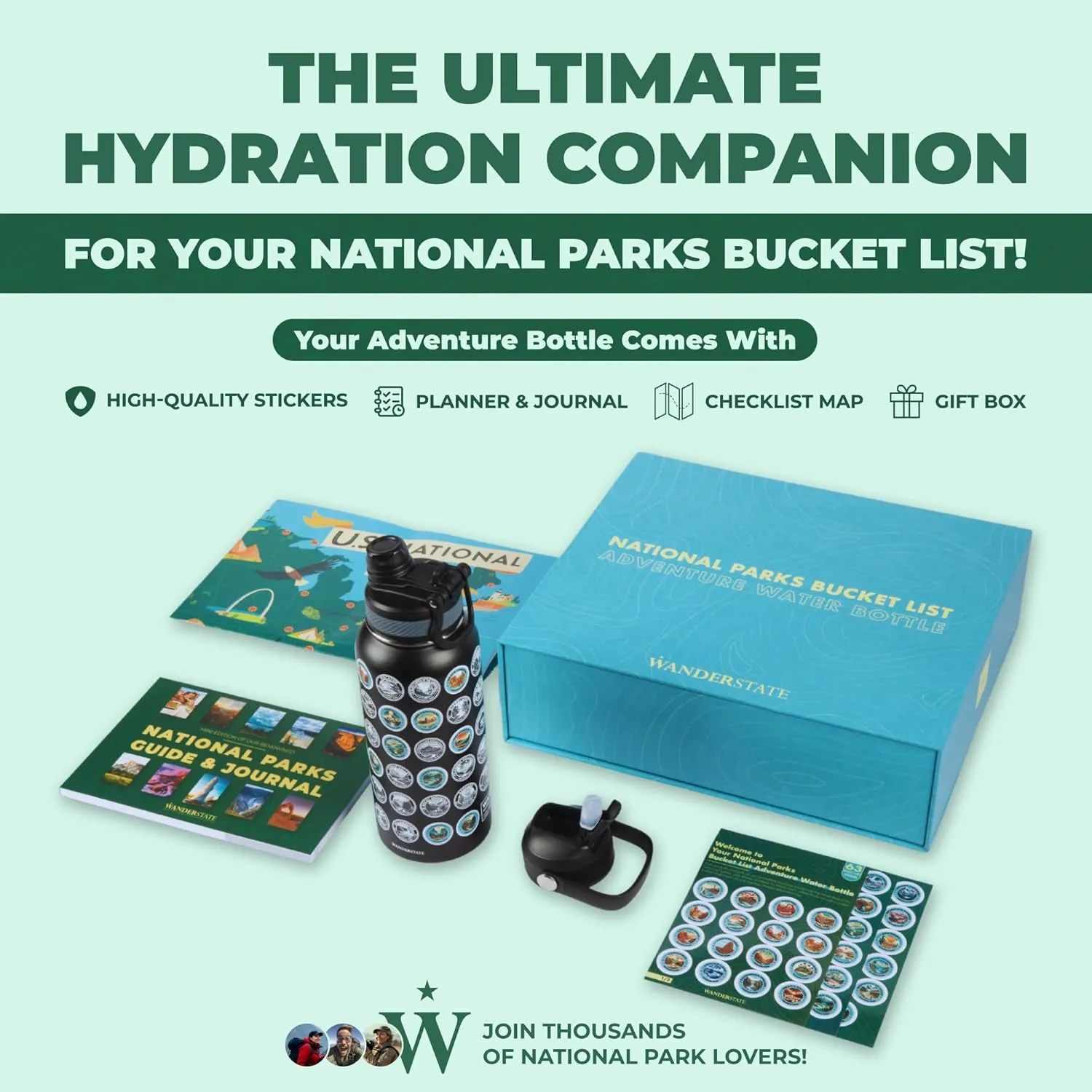 National Parks Water Bottle: Your Ultimate Hydration & Bucket List Kit! (Features 2 Lids, Adventure-Ready Straw, Leakproof Stainless Steel, 63 Premium Waterproof Stickers!) 32oz (Black)