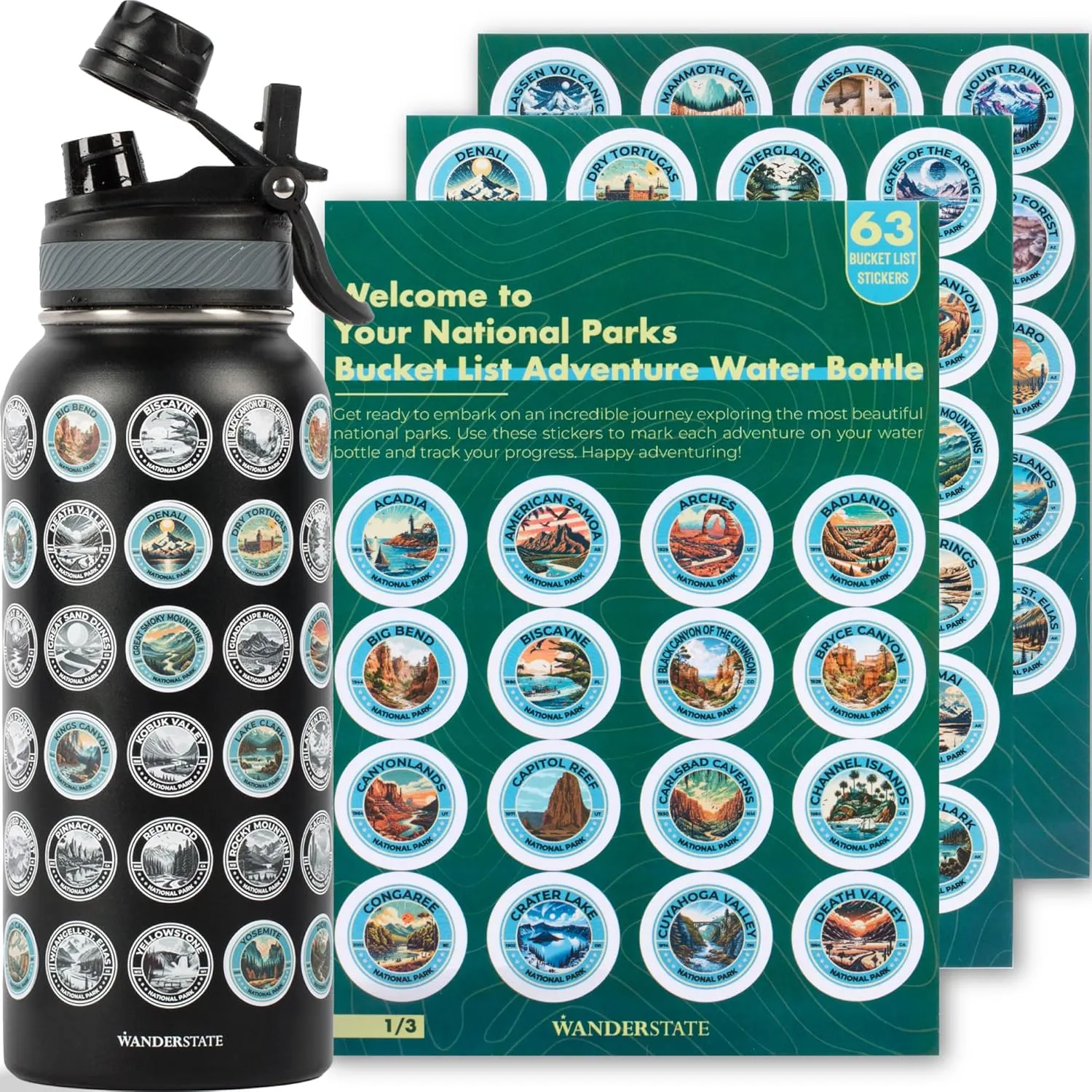 National Parks Water Bottle: Your Ultimate Hydration & Bucket List Kit! (Features 2 Lids, Adventure-Ready Straw, Leakproof Stainless Steel, 63 Premium Waterproof Stickers!) 32oz (Black)