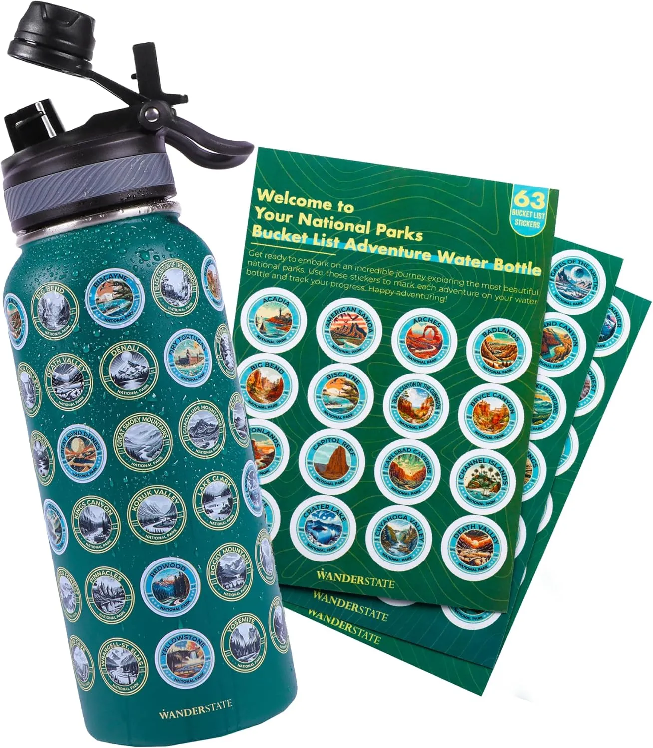 National Parks Water Bottle: Your Ultimate Hydration & Bucket List Kit! (Features 2 Lids, Adventure-Ready Straw, Leakproof Stainless Steel, 63 Premium Waterproof Stickers!) 32oz (Green)