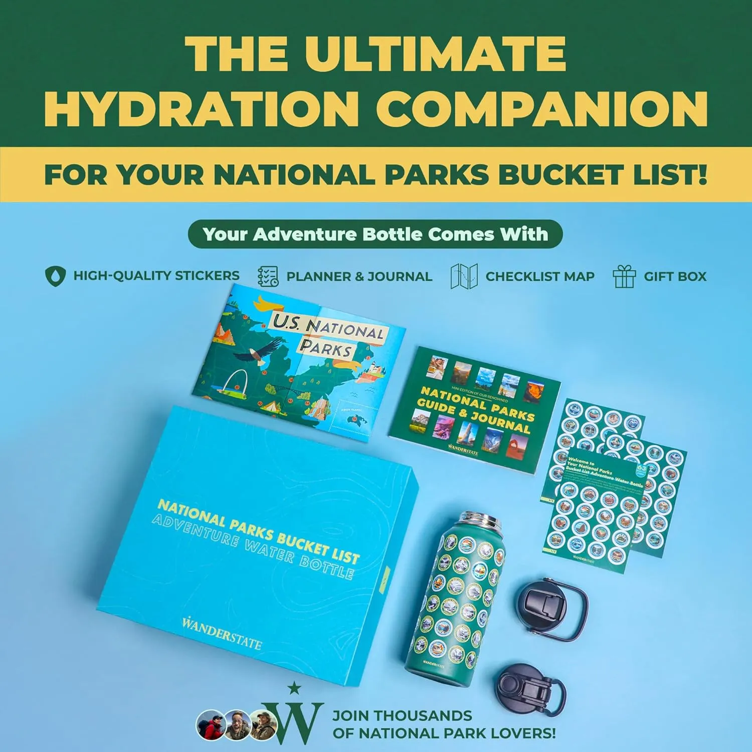National Parks Water Bottle: Your Ultimate Hydration & Bucket List Kit! (Features 2 Lids, Adventure-Ready Straw, Leakproof Stainless Steel, 63 Premium Waterproof Stickers!) 32oz (Green)