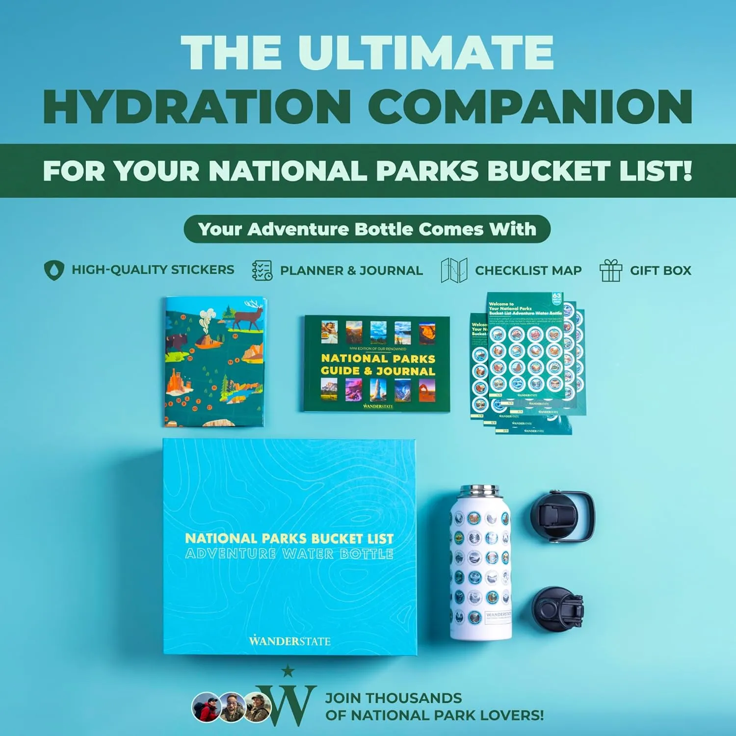 National Parks Water Bottle: Your Ultimate Hydration & Bucket List Kit! (Features 2 Lids, Adventure-Ready Straw, Leakproof Stainless Steel, 63 Premium Waterproof Stickers!) 32oz (White)