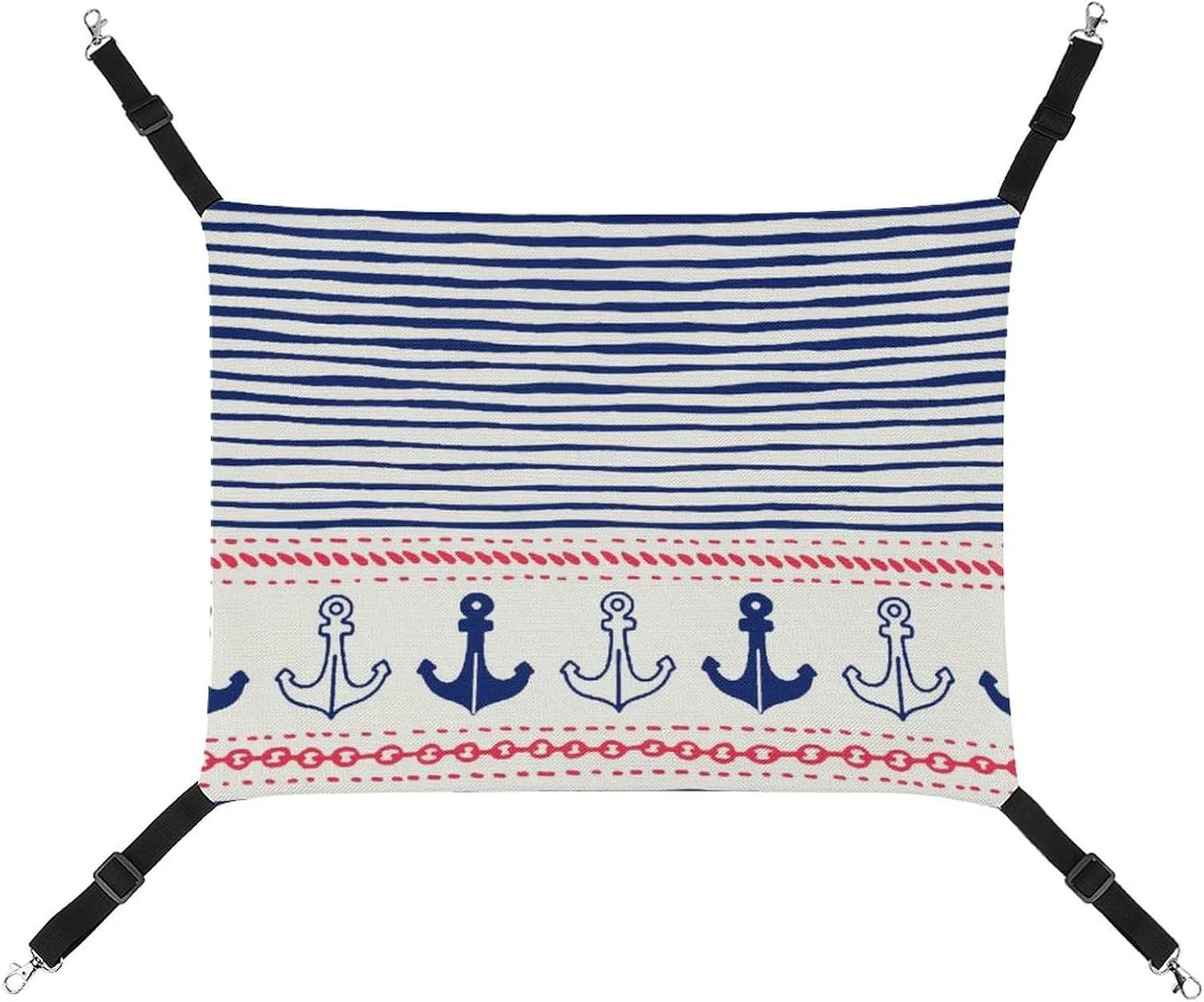 Navy Stripe and Anchors Cat Hanging Hammock Soft Breathable Pet Cage Dog Hammock with Adjustable Straps and Metal Hooks