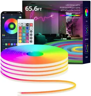 Neon Rope Lights, 65.6FT RGB LED Strip Lights, App Control, IR Remote, Outdoor IP67 Waterproof, Music Syncing, Flexible DIY Design for Bedroom, Gaming, Party, Christmas Decor