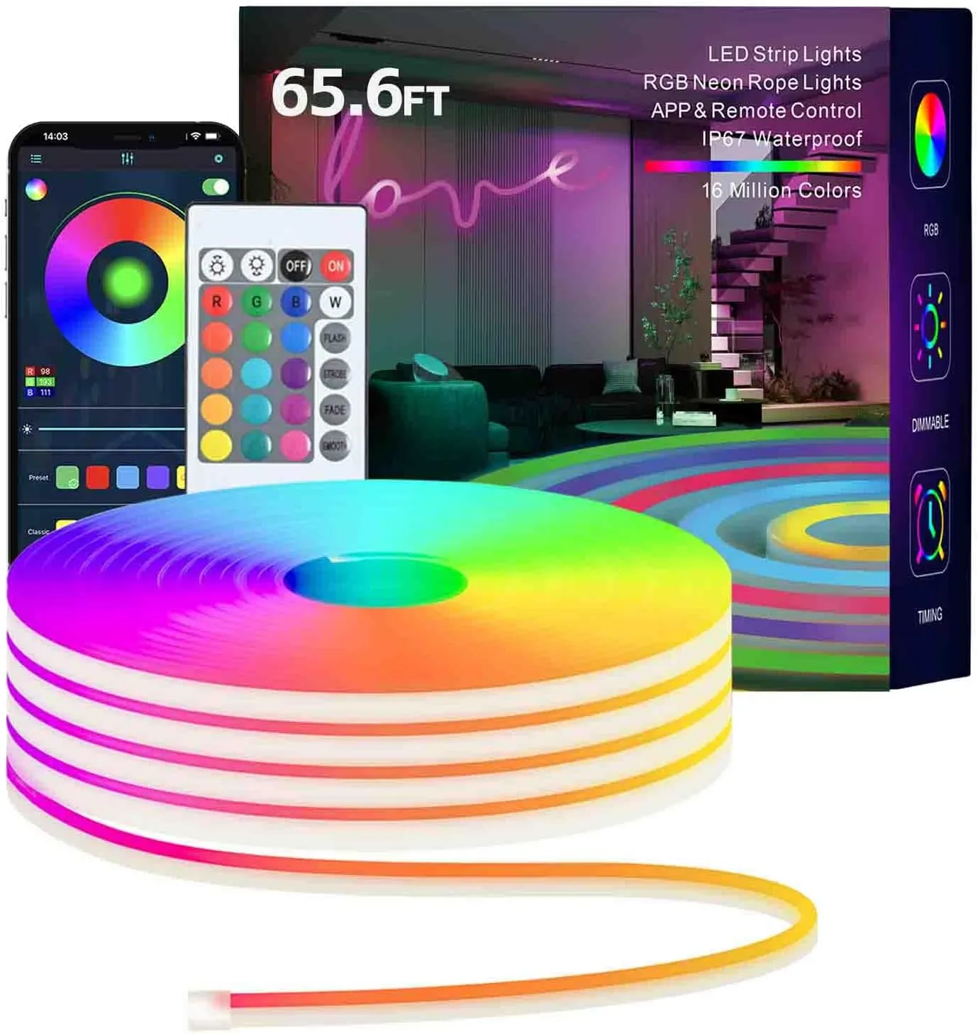 Neon Rope Lights, 65.6FT RGB LED Strip Lights, App Control, IR Remote, Outdoor IP67 Waterproof, Music Syncing, Flexible DIY Design for Bedroom, Gaming, Party, Christmas Decor