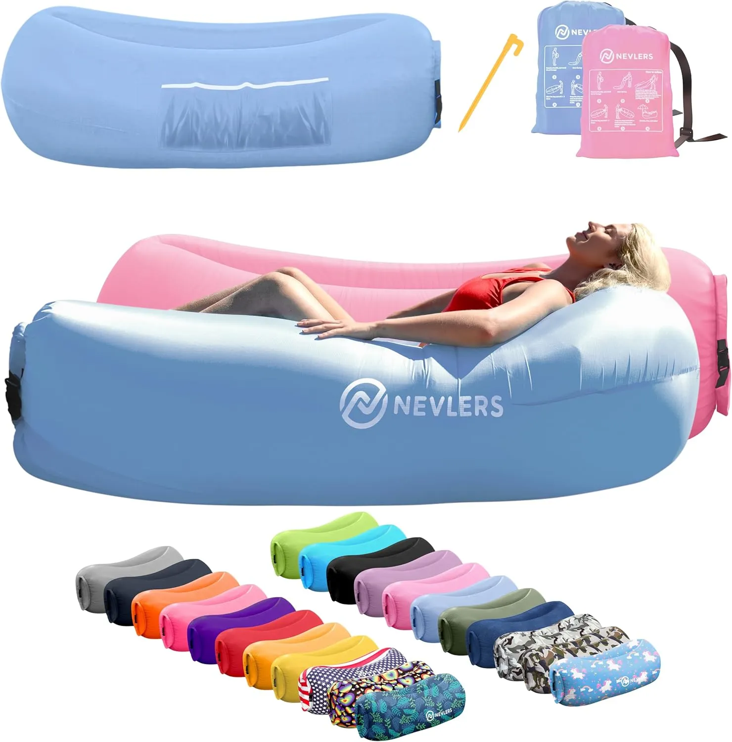 Nevlers Periwinkle Blue & Bubblegum Pink Air Chair Inflatable Lounger 2 Pk| 210T Polyester Blow Up Couch | 450 Lbs Capacity Travel Beach Chair, Portable Hammock & Outdoor Inflatable Couch for Camping