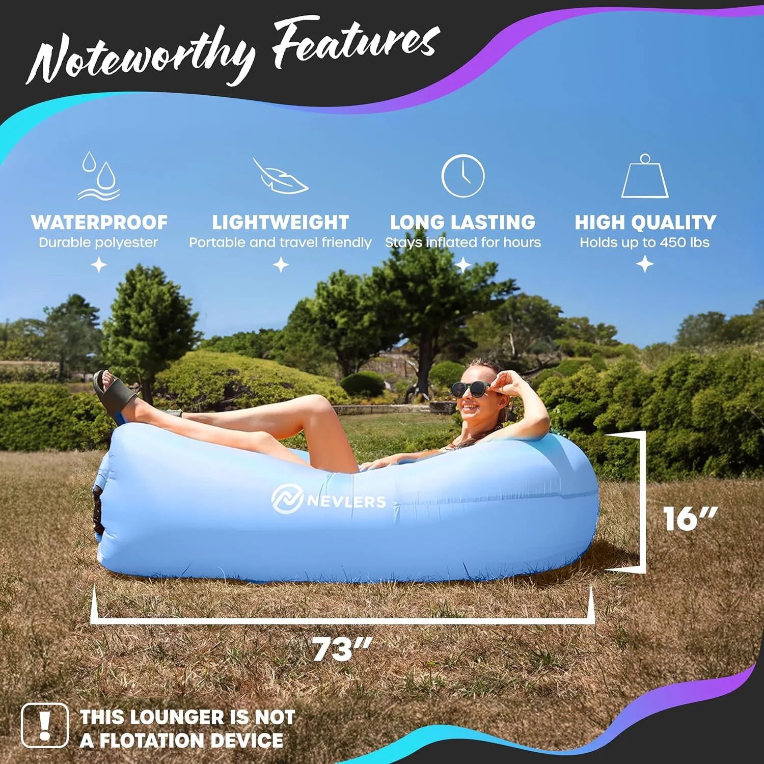 Nevlers Periwinkle Blue & Bubblegum Pink Air Chair Inflatable Lounger 2 Pk| 210T Polyester Blow Up Couch | 450 Lbs Capacity Travel Beach Chair, Portable Hammock & Outdoor Inflatable Couch for Camping