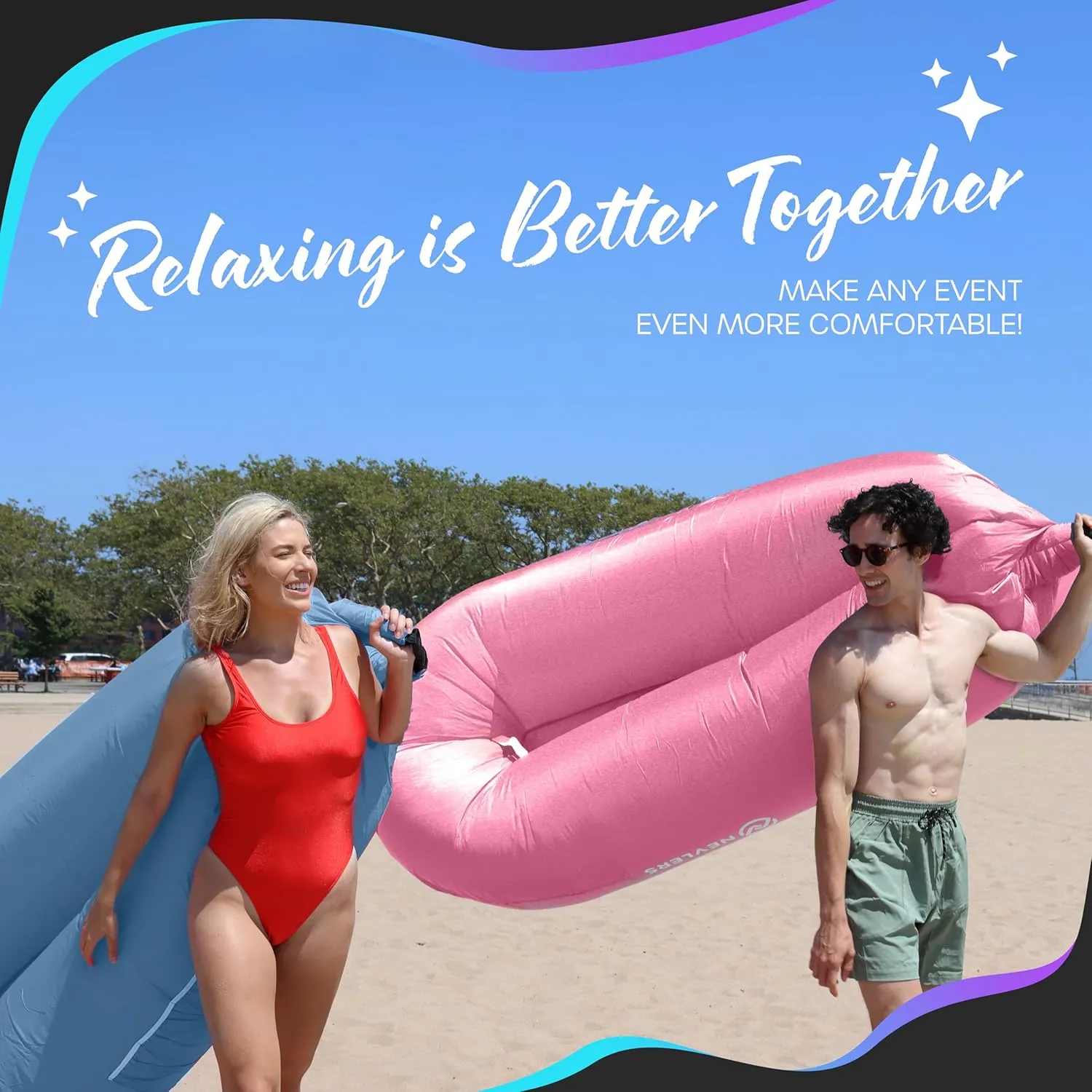 Nevlers Periwinkle Blue & Bubblegum Pink Air Chair Inflatable Lounger 2 Pk| 210T Polyester Blow Up Couch | 450 Lbs Capacity Travel Beach Chair, Portable Hammock & Outdoor Inflatable Couch for Camping