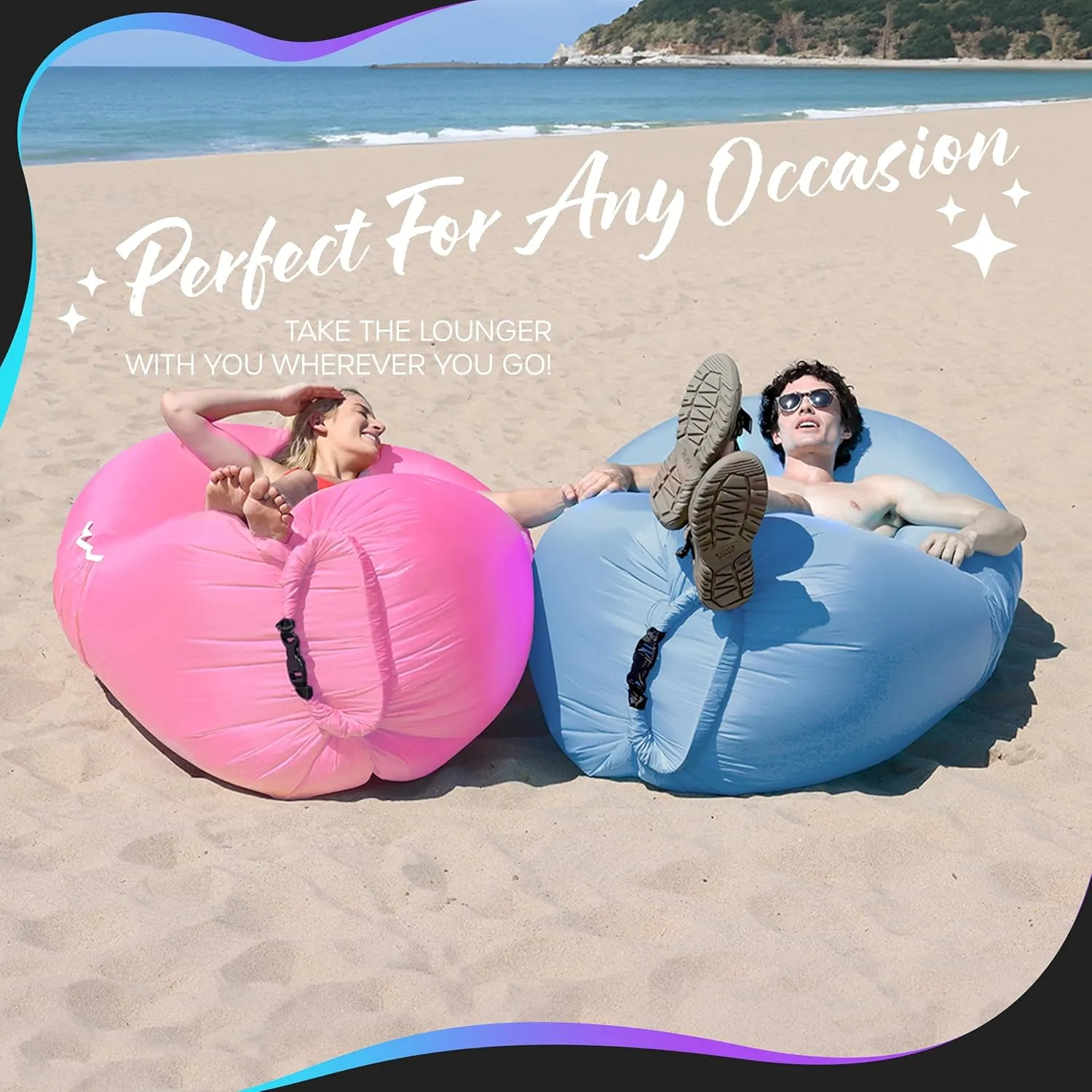 Nevlers Periwinkle Blue & Bubblegum Pink Air Chair Inflatable Lounger 2 Pk| 210T Polyester Blow Up Couch | 450 Lbs Capacity Travel Beach Chair, Portable Hammock & Outdoor Inflatable Couch for Camping