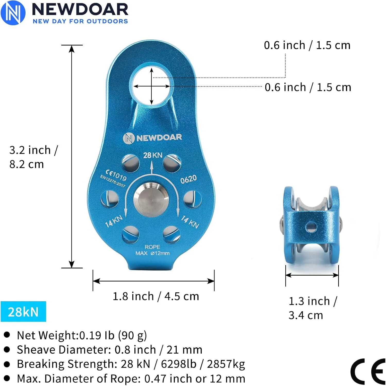 NewDoar Fixed Plate Micro Pulley,28KN CE Certified General Purpose Small Aluminum Rope Pulleys for Climbing/Aloft Work/Rappelling/Rescue Etc