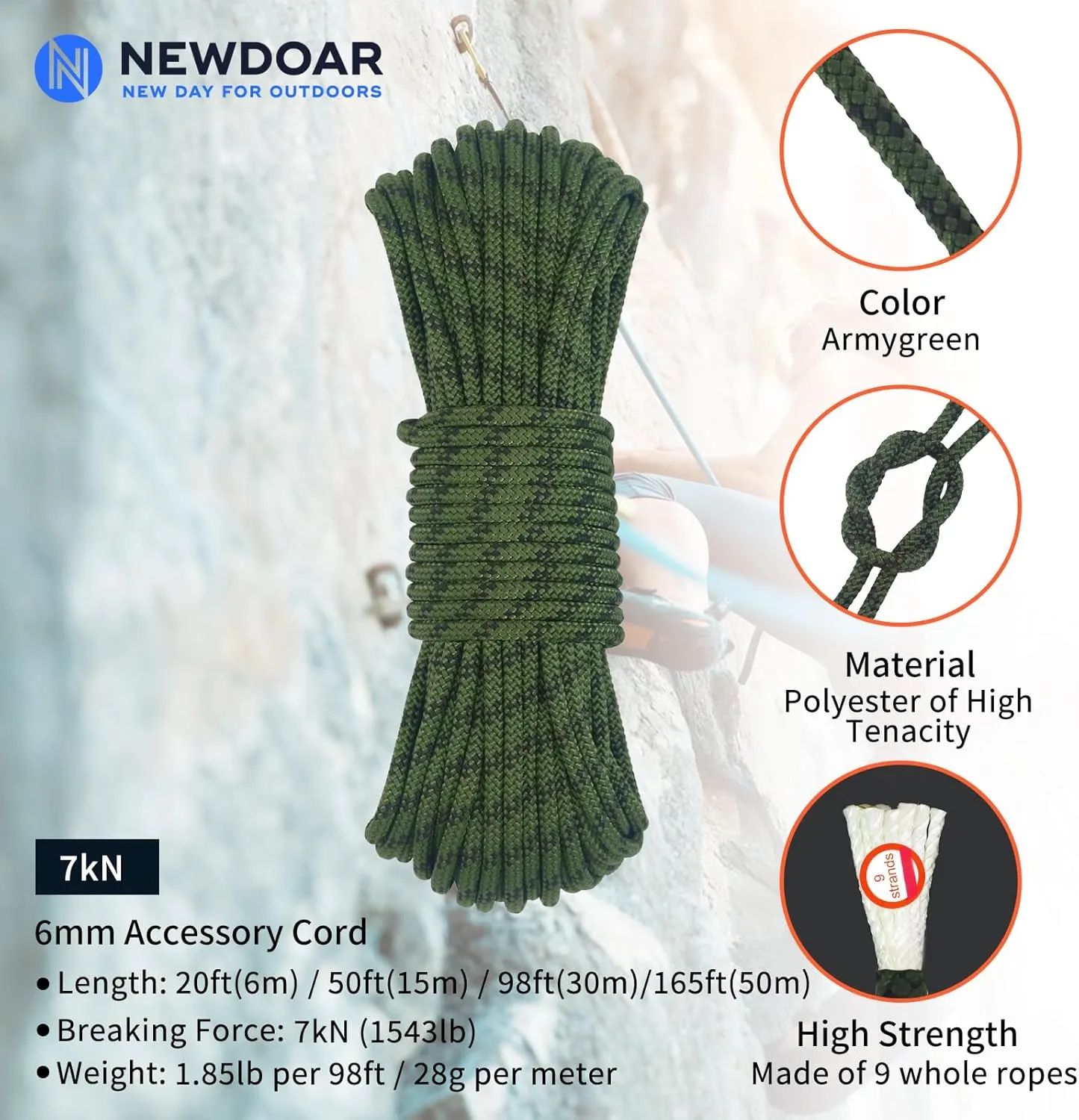 NewDoar Static Climbing Rope 6mm Accessory Cord Rope,for Arborist Tree, Mountaineering, Sailboat Rope,Dock Lines,Hauling Dragginge