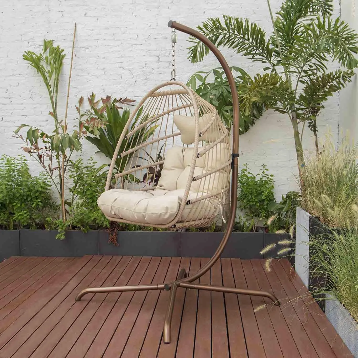 NICESOUL Indoor Outdoor Wicker Hanging Egg Chair with Stand, Cozy Patio Swing Hammock Egg Shell Chairs with Cushions, 350lbs Capacity Sturdy Porch Swing for Backyard Balcony, Beige with Cover