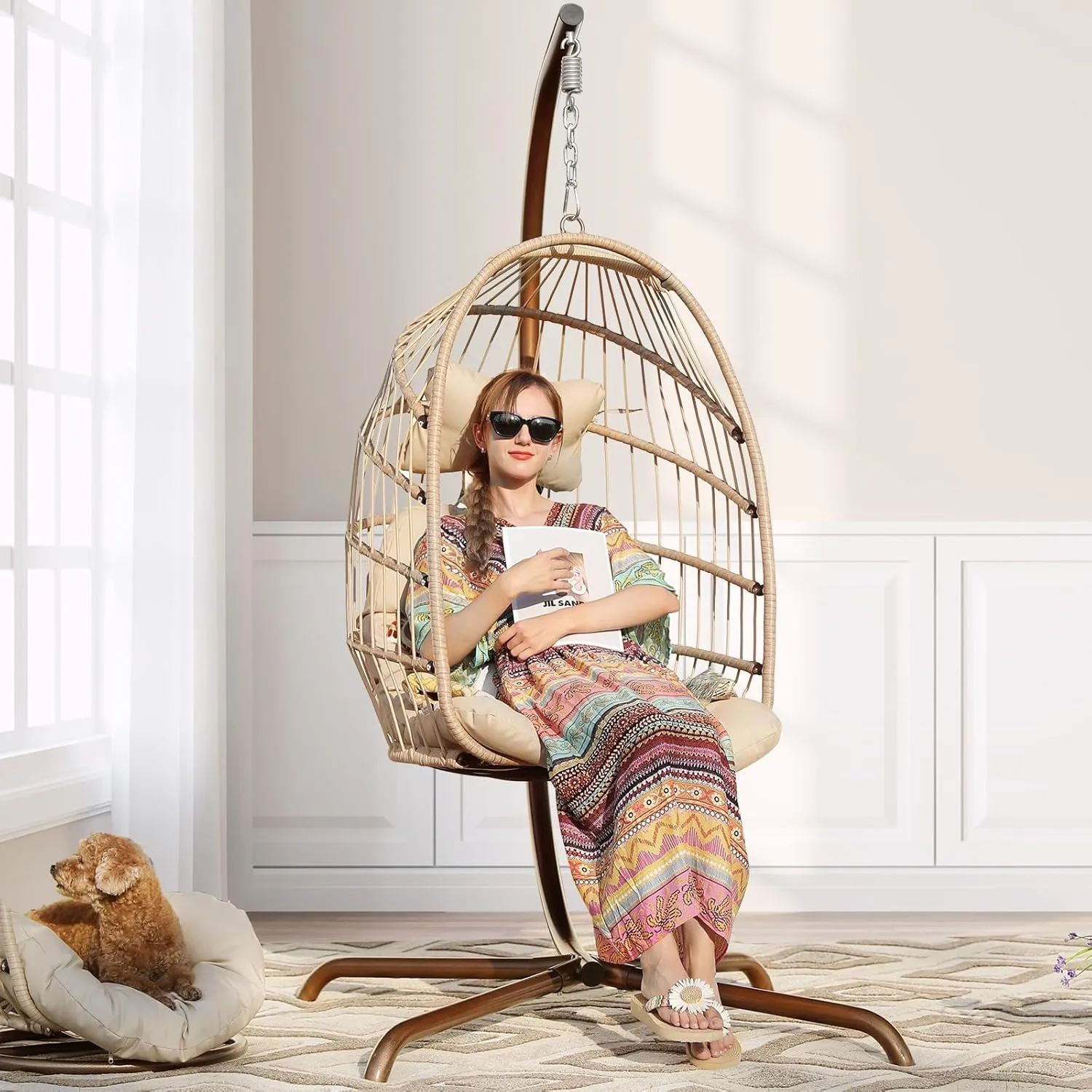 NICESOUL Indoor Outdoor Wicker Hanging Egg Chair with Stand, Cozy Patio Swing Hammock Egg Shell Chairs with Cushions, 350lbs Capacity Sturdy Porch Swing for Backyard Balcony, Beige with Cover