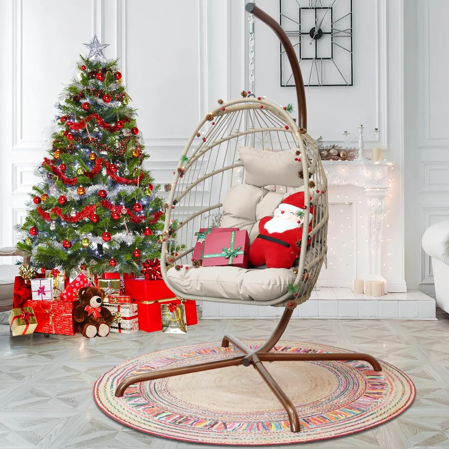 NICESOUL Indoor Outdoor Wicker Hanging Egg Chair with Stand, Cozy Patio Swing Hammock Egg Shell Chairs with Cushions, 350lbs Capacity Sturdy Porch Swing for Backyard Balcony, Beige with Cover