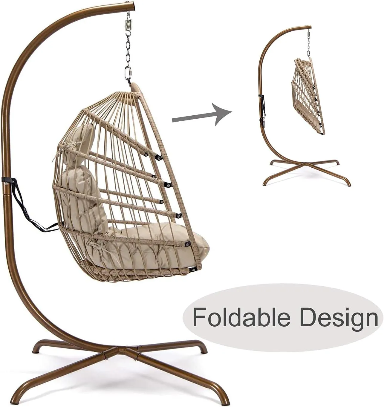 NICESOUL Indoor Outdoor Wicker Hanging Egg Chair with Stand, Cozy Patio Swing Hammock Egg Shell Chairs with Cushions, 350lbs Capacity Sturdy Porch Swing for Backyard Balcony, Beige with Cover
