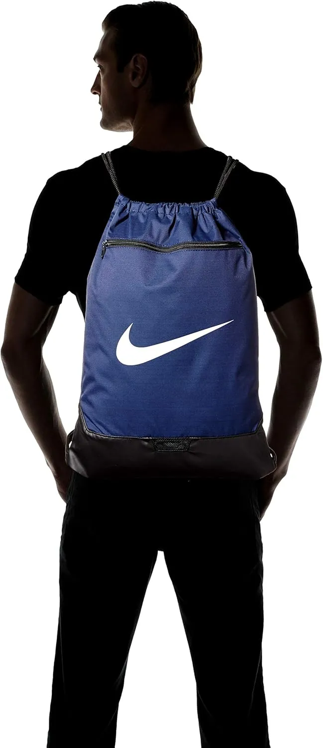 Nike Brasilia Training Gymsack, Drawstring Backpack with Zipper Pocket and Reinforced Bottom, Midnight Navy/Black/White