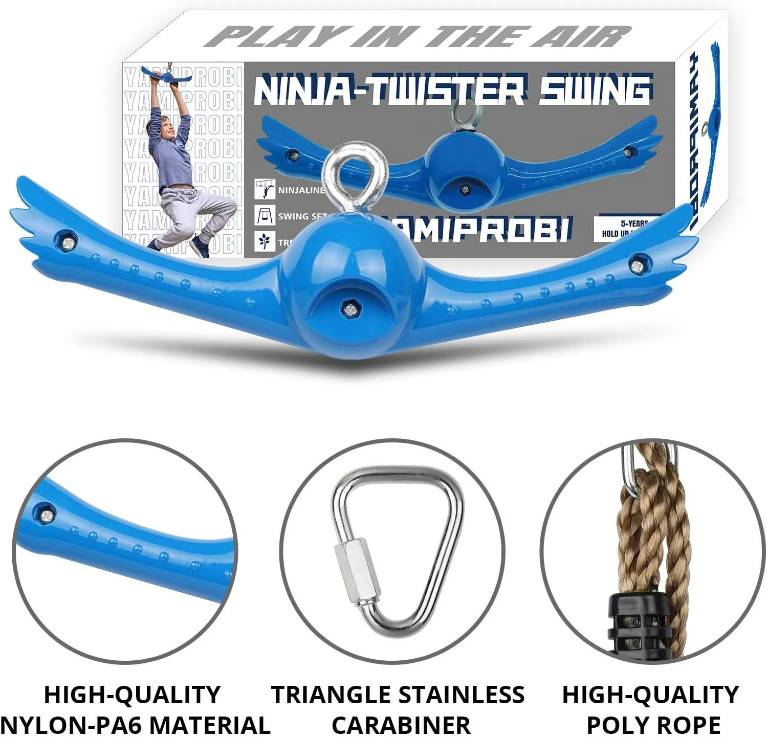 Ninja-Twister Swing Spins Set: Slackline Attachments - 360° Handle Twist-Spin Flips Toy Activate Ninja Powers Warrior Accessories Kids Hang Toys for Playground Backyard Blue