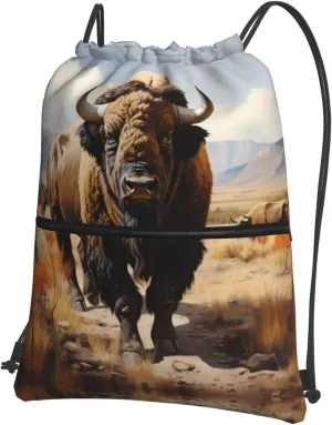 North American bison herd Print Drawstring Backpack â€“ Adjustable Lightweight Gym Bag for Sports, Yoga, Travel, and Hiking